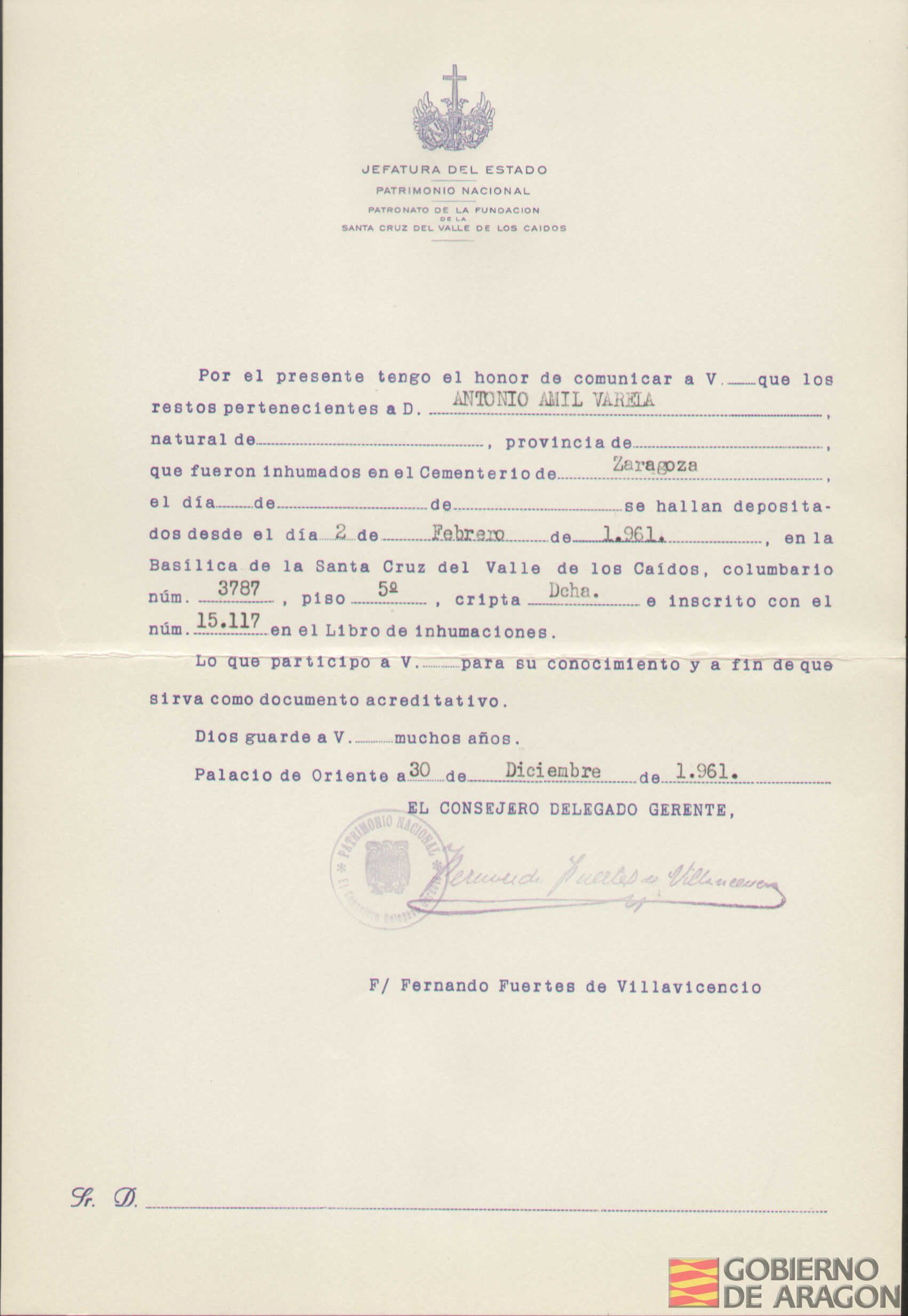 Traslado al Valle de los Caídos de los restos mortales de Antonio Amil Varela el día 2 de febrero de 1961