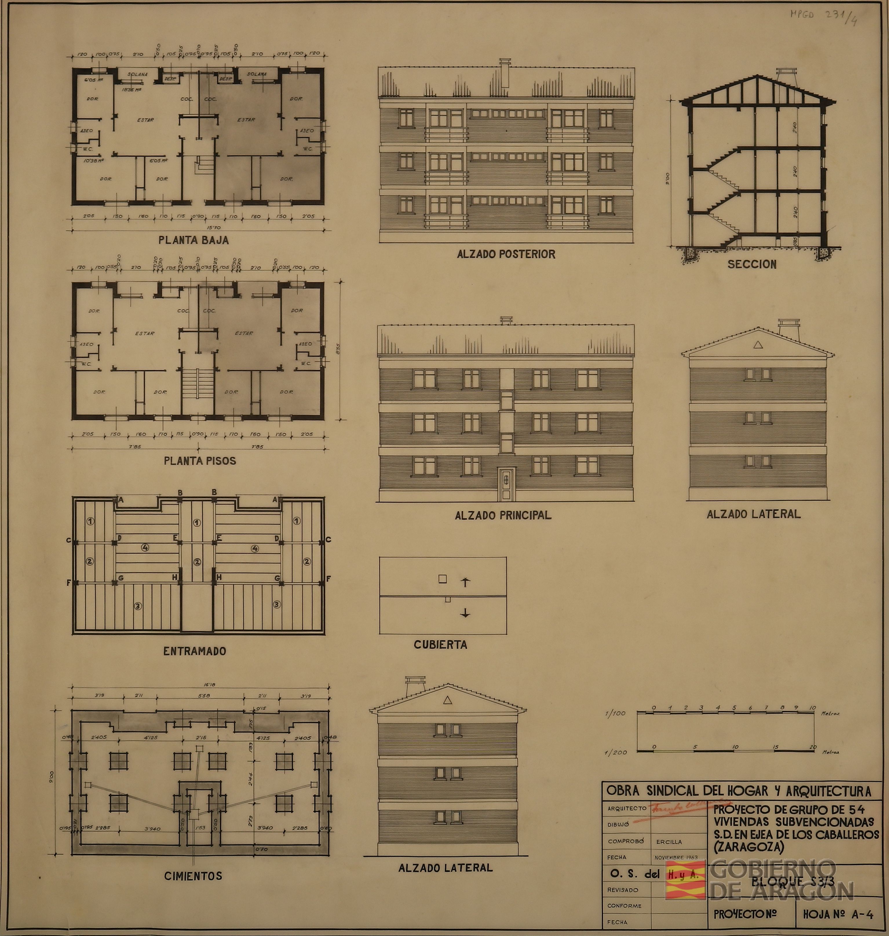 Proyecto de grupo de 54 viviendas subvencionadas S.D. en Ejea de los Caballeros. Hoja nº A-4 Bloque S 3/3.. Arquitecto: Fausto García Marco; Comprobó: L. Ercilla