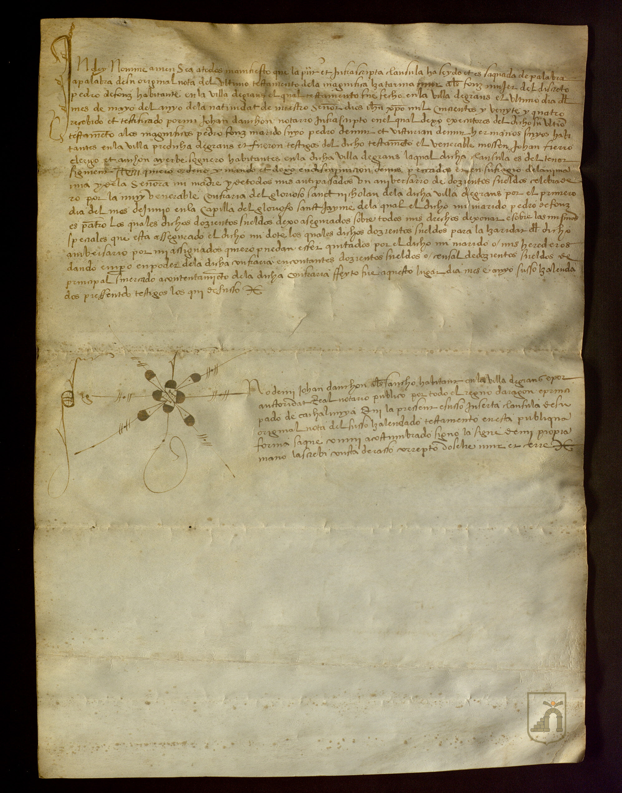 Traslado de una cláusula del testamento de Catalina de Fonz, esposa de Pedro de Fonz, habitantes en Graus, por la que dejaba un aniversario de 200 sueldos jaqueses anuales cargados sobre su ajuar a la cofradía de San Nicolás de Graus