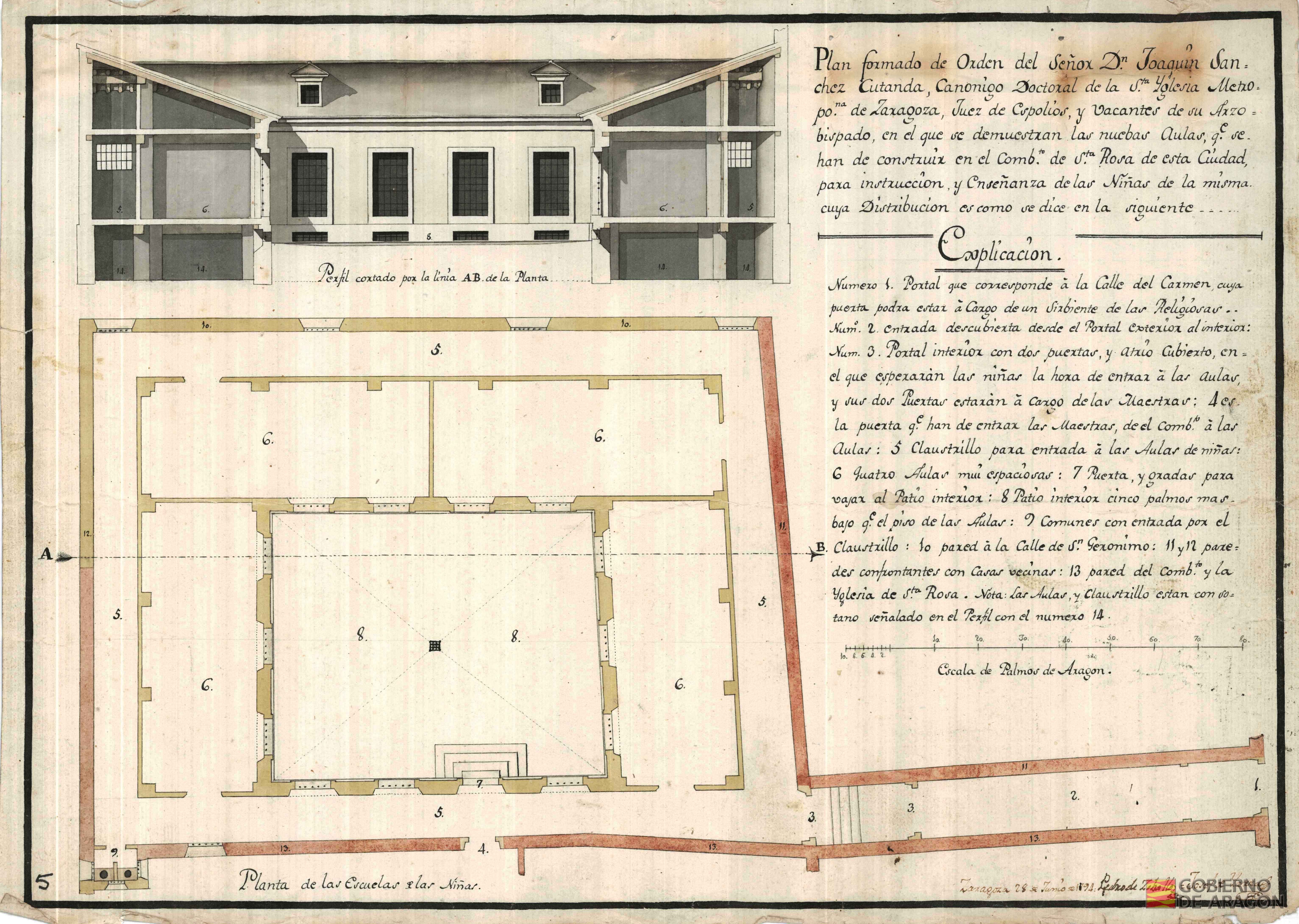 Plan formado de orden de Don Joaquín Sánchez Cutanda, canónigo doctoral de la Santa Iglesia Metropolitana de Zaragoza, juez de Espolios y Vacantes de su Arzobispado, en el que se demuestran las nuebas aulas que se han de construir en el convento de Santa Rosa.. para instrucción y enseñanza de las niñas.. Planta y sección. Firmado por Pedro de Zeballos y Josef de Yarza. Zaragoza (Zaragoza)