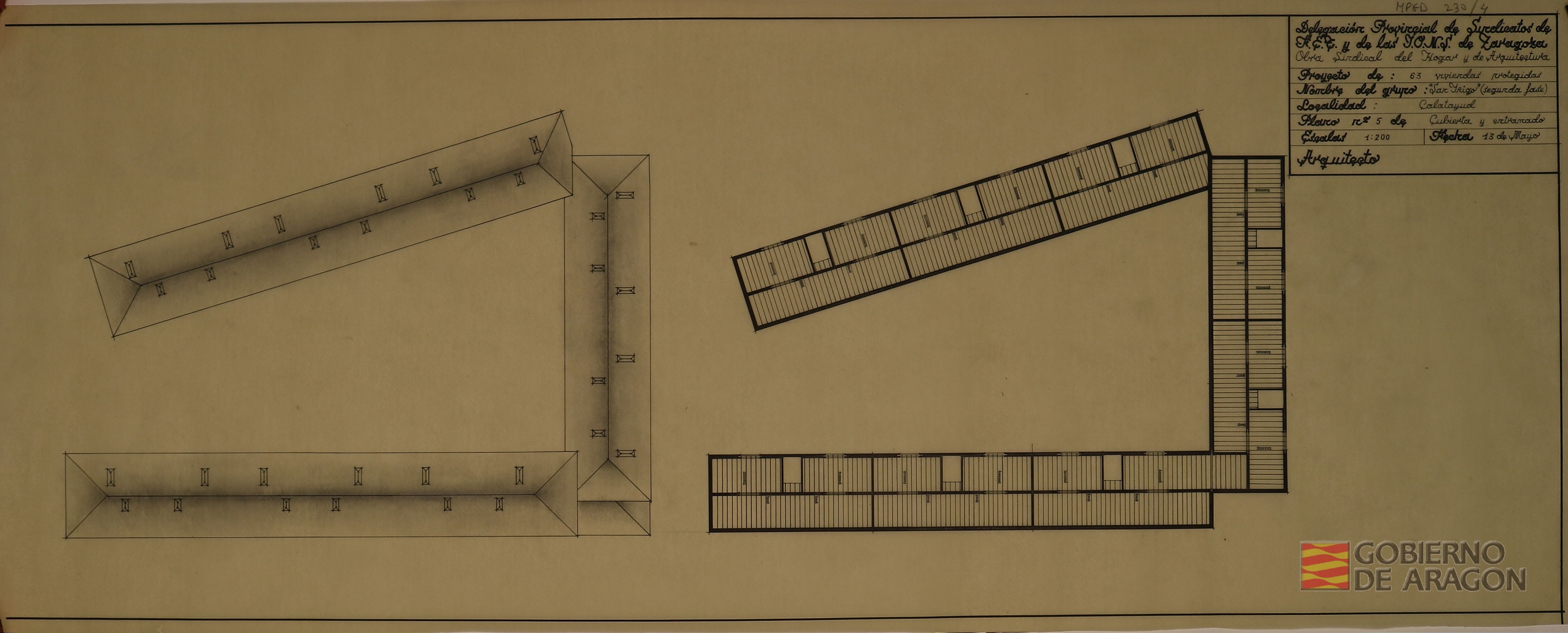 Proyecto de grupo de 63 viviendas protegidas ¿San Iñigo¿ en Calatayud (segunda fase).. Plano nº: 5 de cubierta y entramado