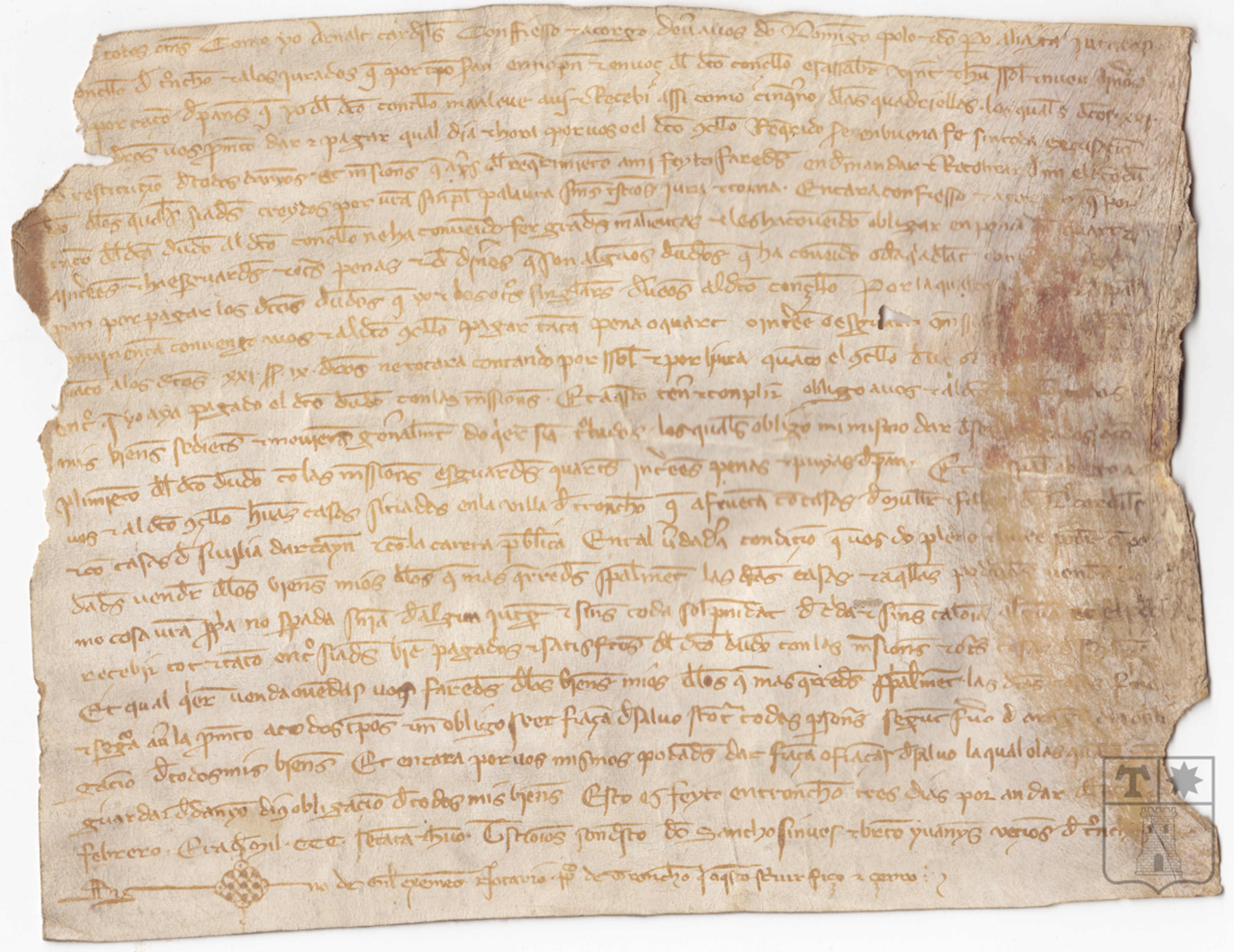 Carta de obligación por la que Arnal Cardiles reconoce deber a Domingo Polo y Pedro Aliaga, jurados del Concejo de Tronchón, 21 sueldos y 9 dineros por razón de panes prestados