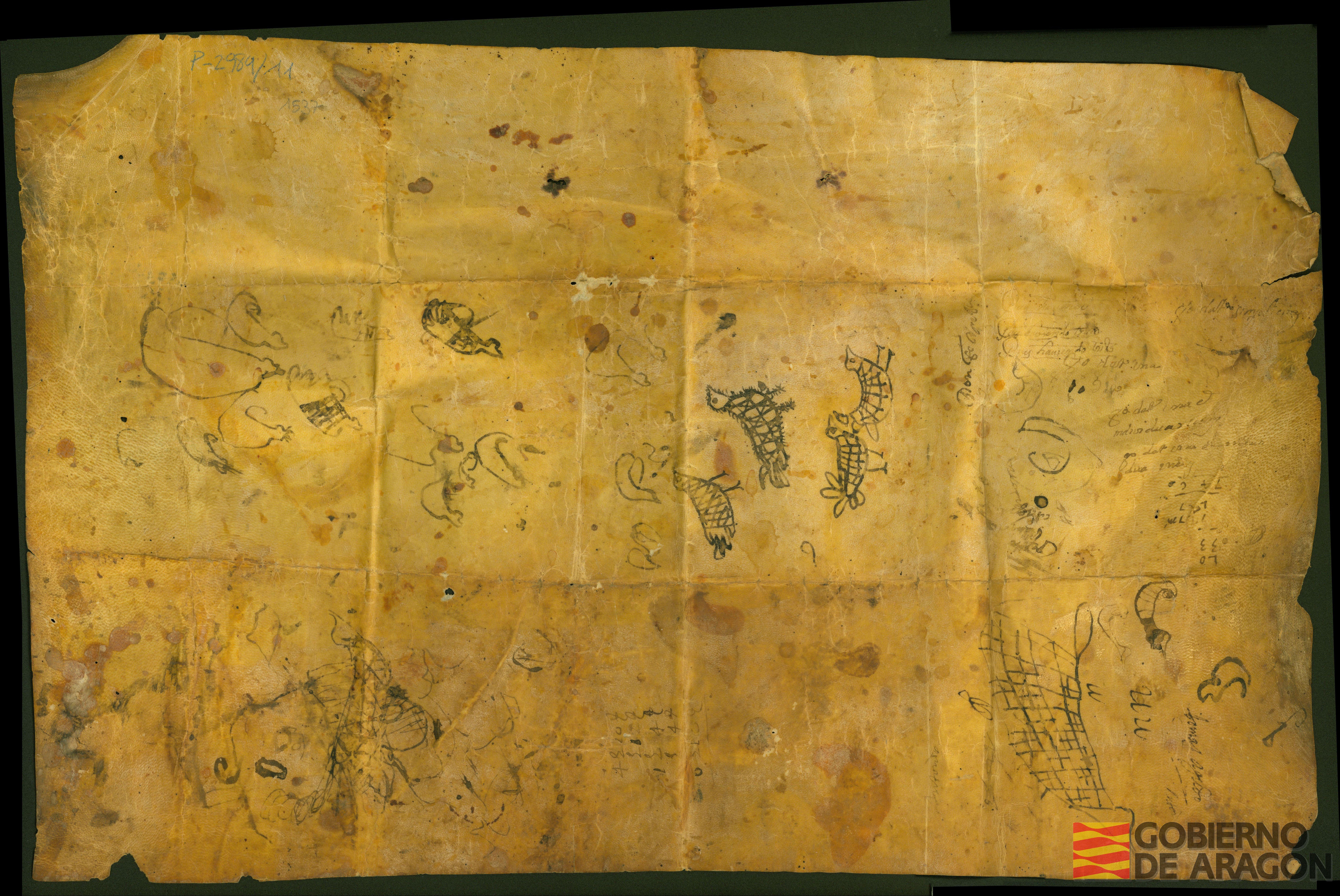 Reverso del pergamino que contiene el acuerdo de reparto de bienes derivado de las capitulaciones matrimoniales entre Pedro Ruiz y Alva Gascon. Notario: Pedro Gregorio del Villar, habitante en Miedes.. Calatayud