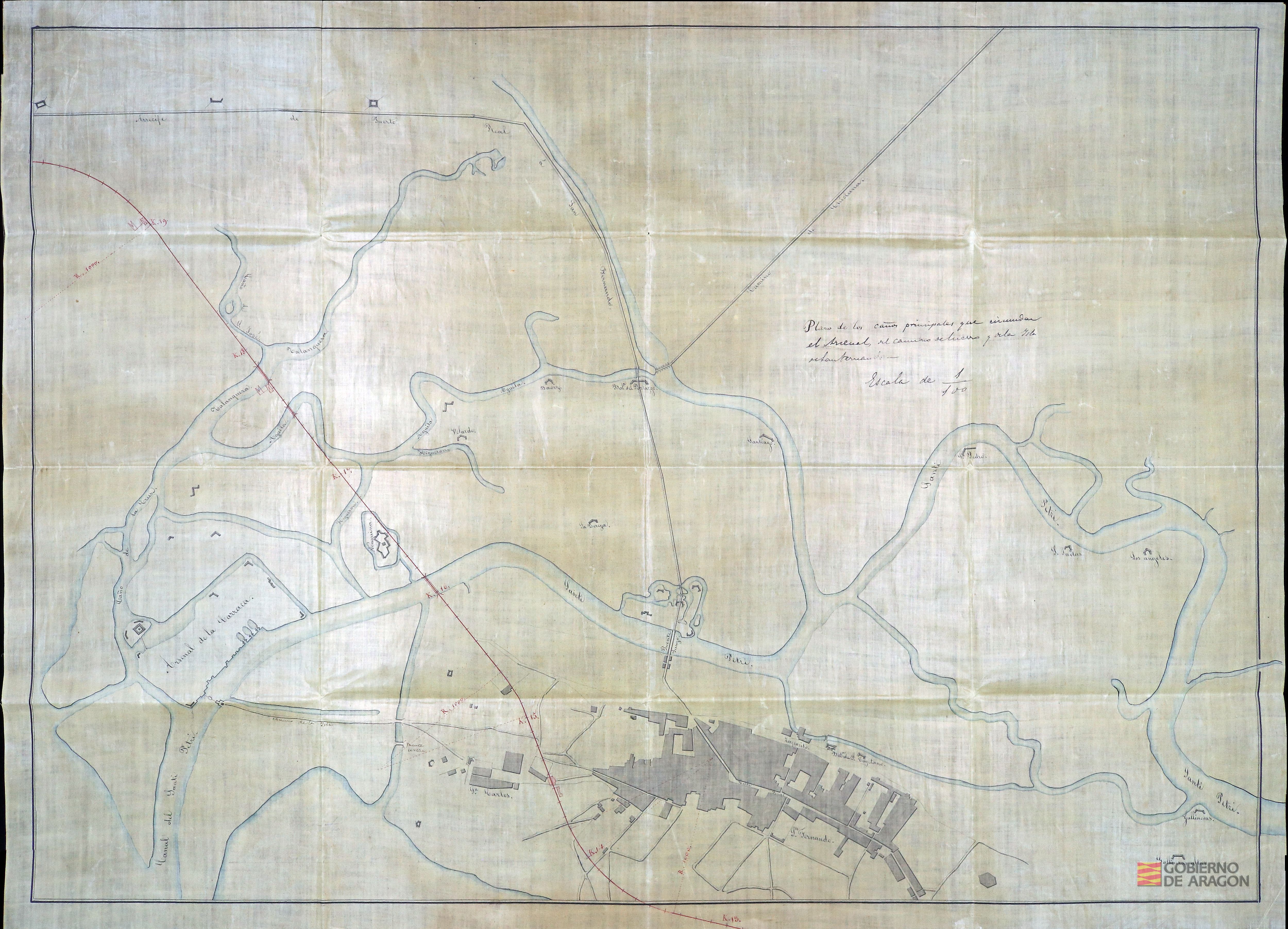 Plano de los caños principales que circundan el Arenal del camino de hierro y de la isla de San Fernando