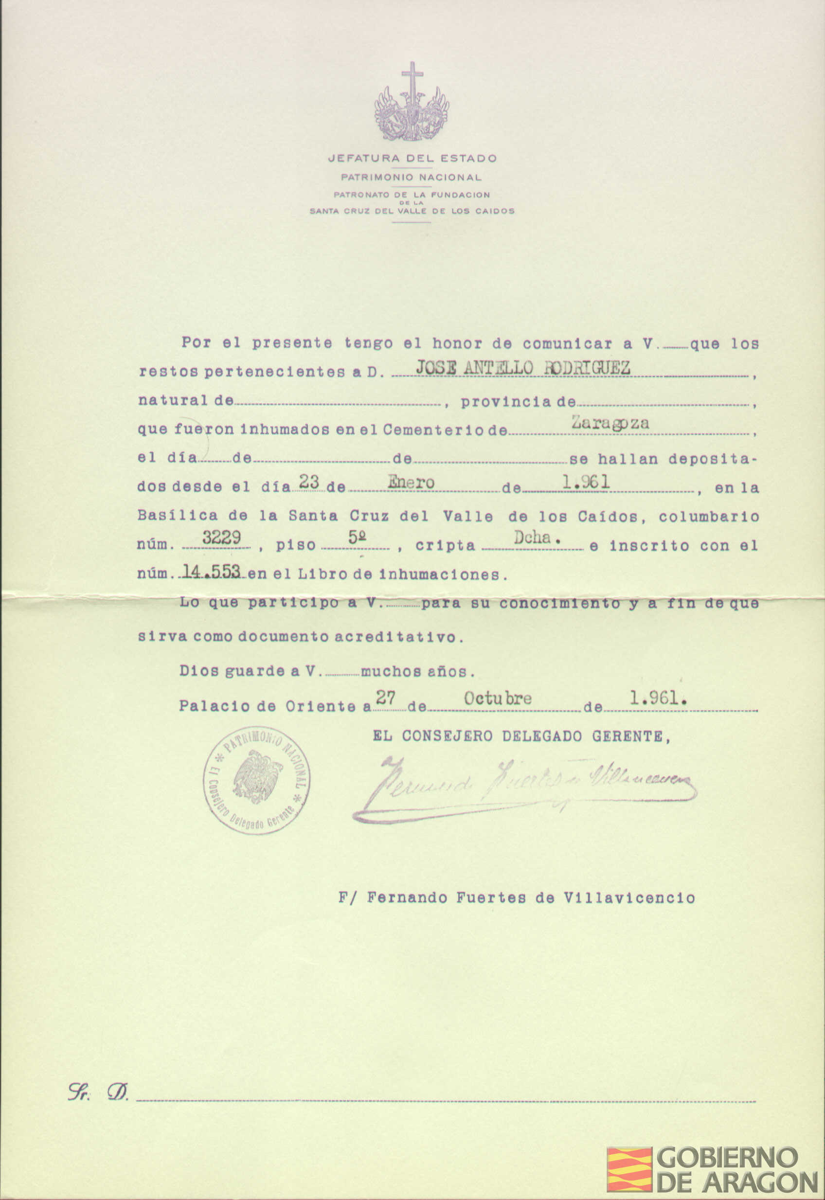 Traslado al Valle de los Caídos de los restos mortales de José Antello Rodríguez el día 23 de enero de 1961