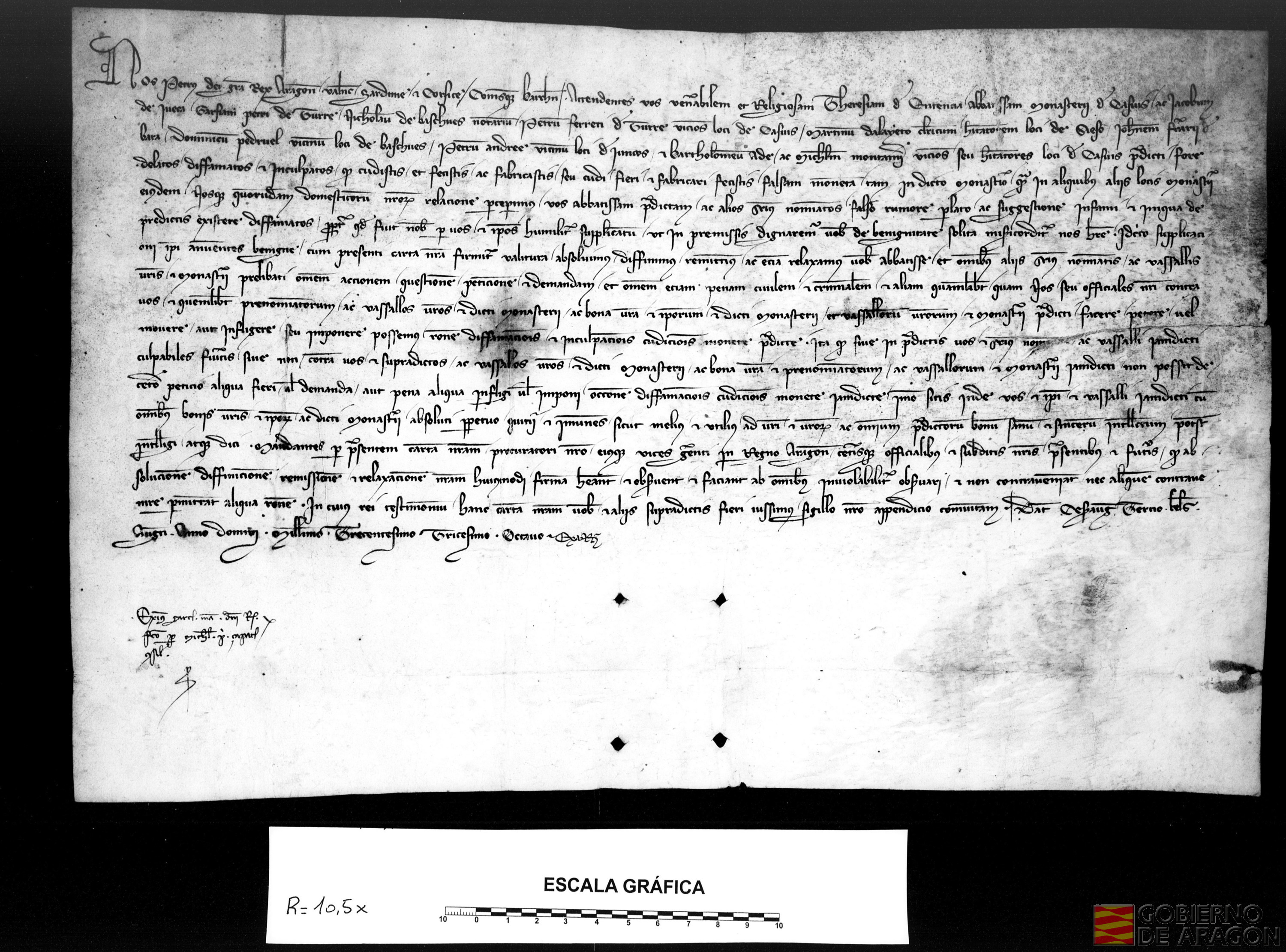 El rey Pedro IV de Aragón, tras el rumor de que Teresa Gombaldo de Entenza, abadesa de Casbas, y varios vecinos de Casbas, Bascués, Sieso y Juncos fabricaban moneda falsa en el monasterio y otros lugares, ha sabido que era un rumor falso, así que les libera de cualquier responsabilidad