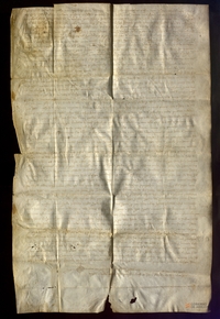 Presentación al baile, justicia y jurados de Alcolea de Cinca de un mandato del infante Alfonso, hecho a instancia de su hermana Blanca, priora de Sijena, por el que les ordena que respeten una sentencia de 1271 por la que se permite a los hombres de Ontiñena leñar en ciertos montes y se prohibe a los de Alcolea introducir sus ovejas en el boalar de Ontiñena
