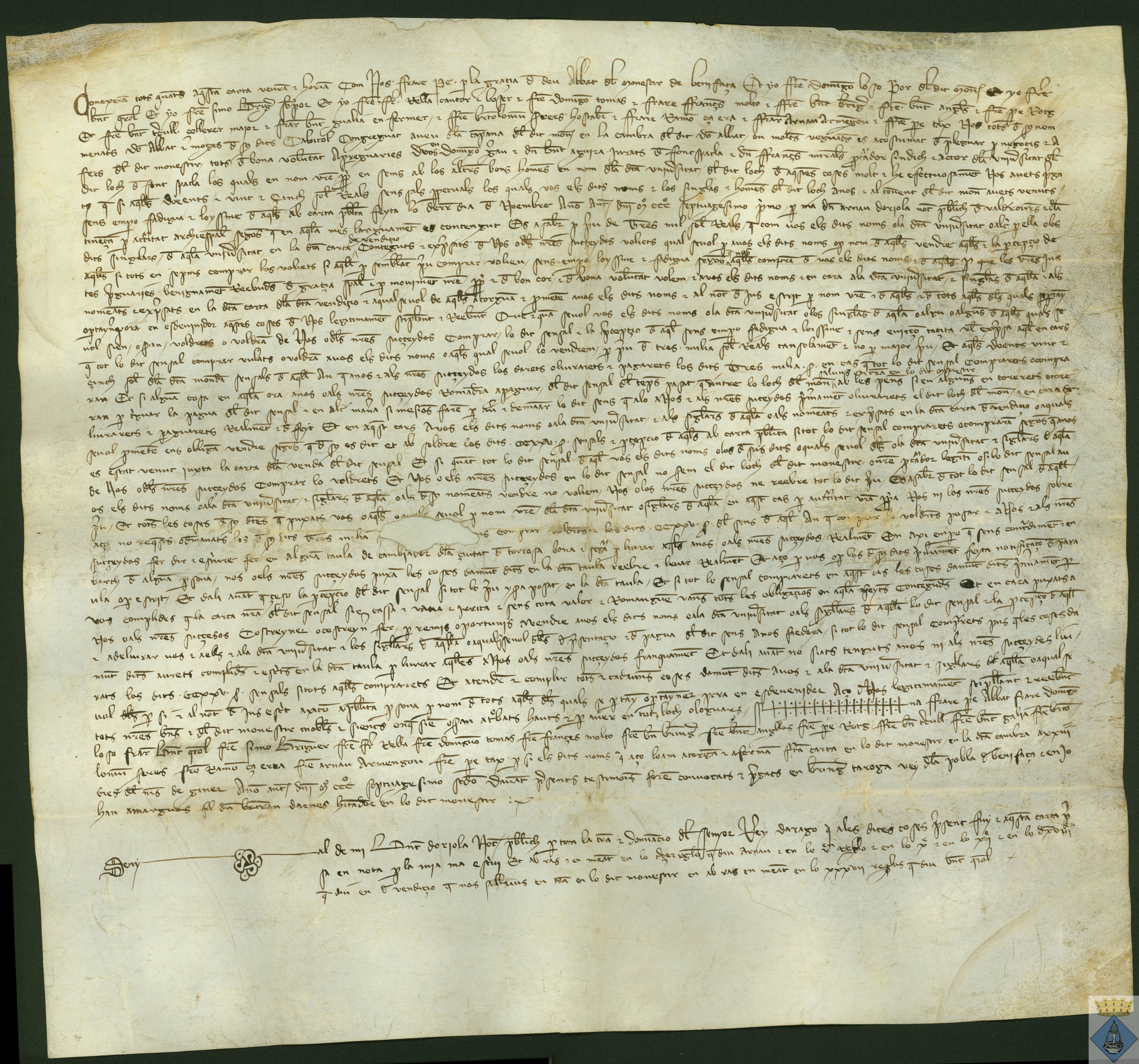 Contrato censal entre el Monasterio de Benifasá y el Concejo de Fuentespalda, de 225 sueldos reales censales, por precio de 3.000 sueldos que el Concejo pagará a dicho Monasterio