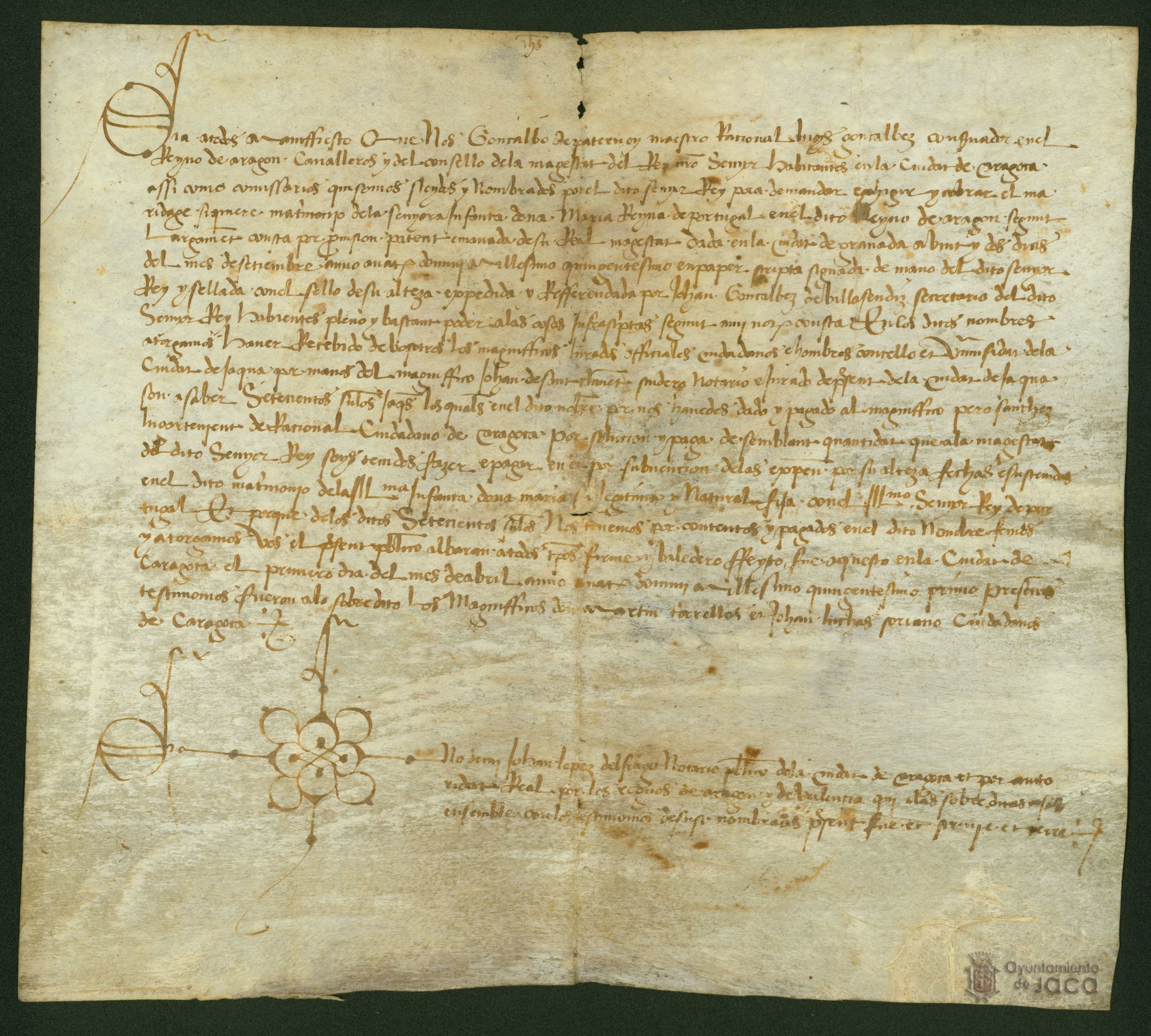 Gonzalbo de Paternoy hace recibo del pago de 700 sueldos de dineros jaqueses que el Concejo de Jaca debía pagar por el matrimonio de la Infanta María, hija de Fernando II de Aragón e Isabel I de Castilla, con el Rey de Portugal Manuel I.