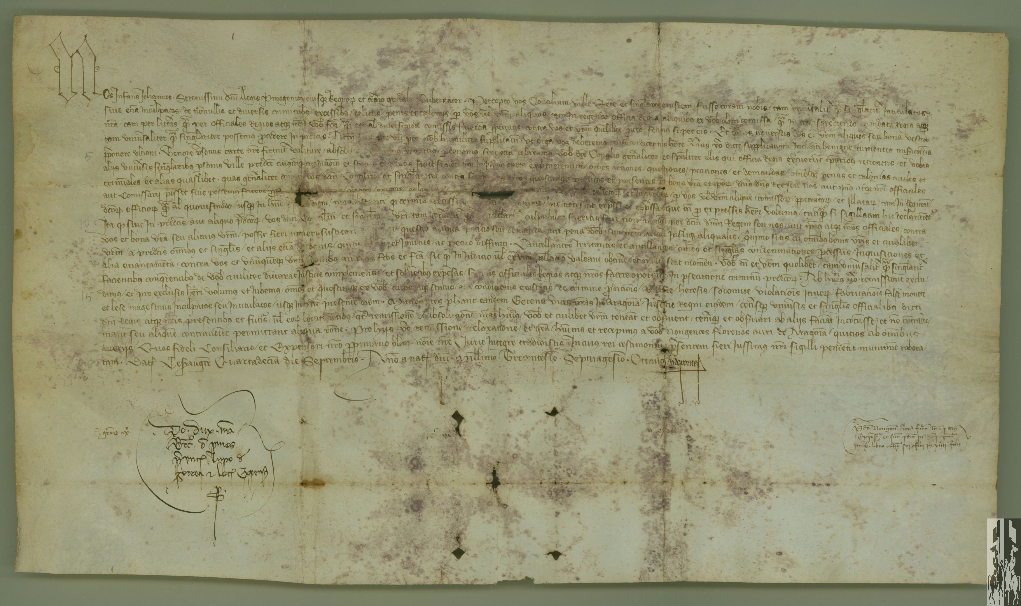 El infante Don Juan absuelve a la villa de Ejea y a los oficiales del concejo de los delitos cometidos contra la jurisdicción real, y recibe de ellos un pago de 900 florines de oro.