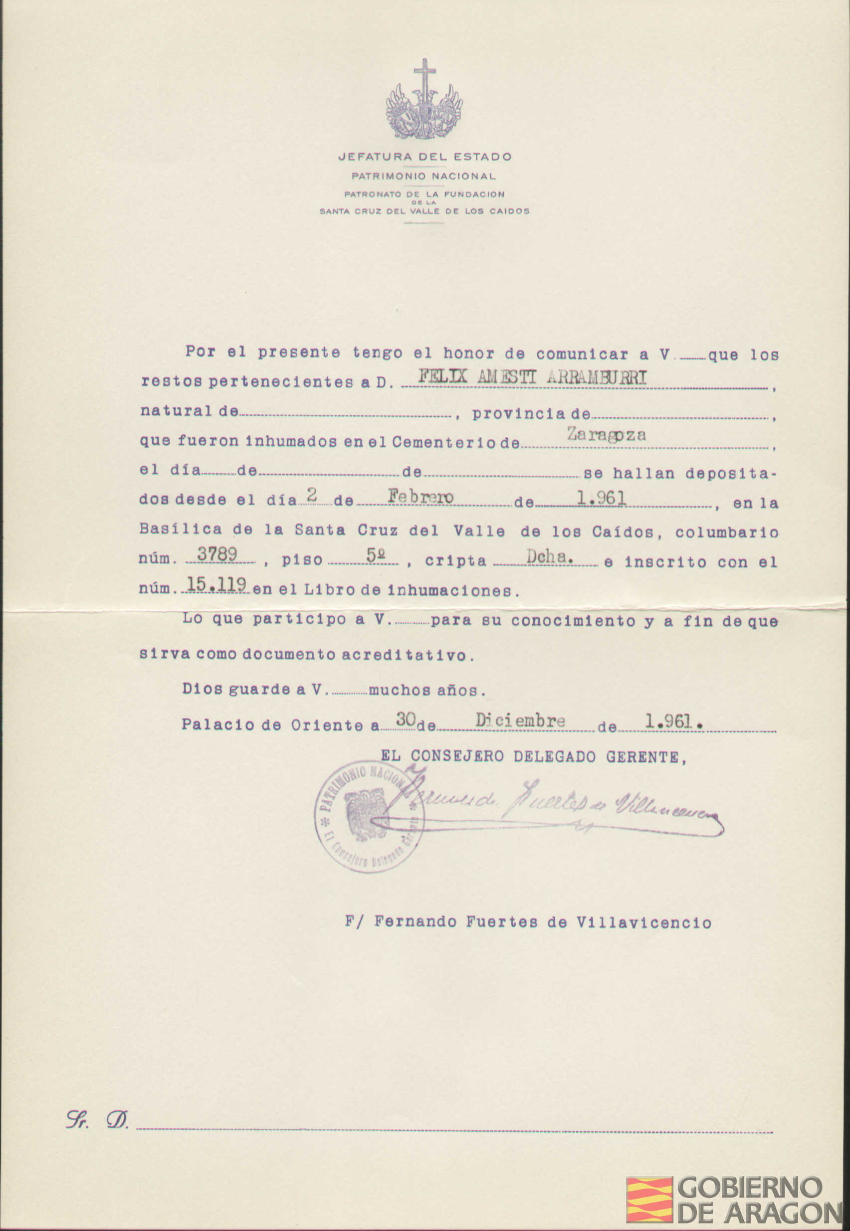 Traslado al Valle de los Caídos de los restos mortales de Félix Amesti Arramburri el día 2 de febrero de 1961