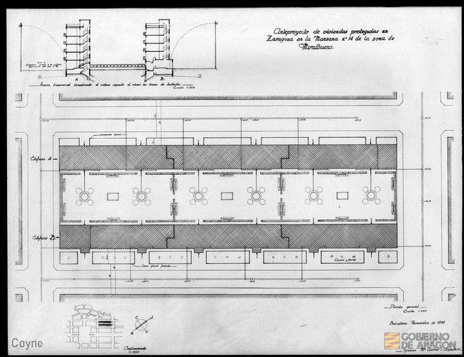 Plano para el anteproyecto de viviendas protegidas en Miralbueno firmado por el arquitecto Ignacio M. Adroer