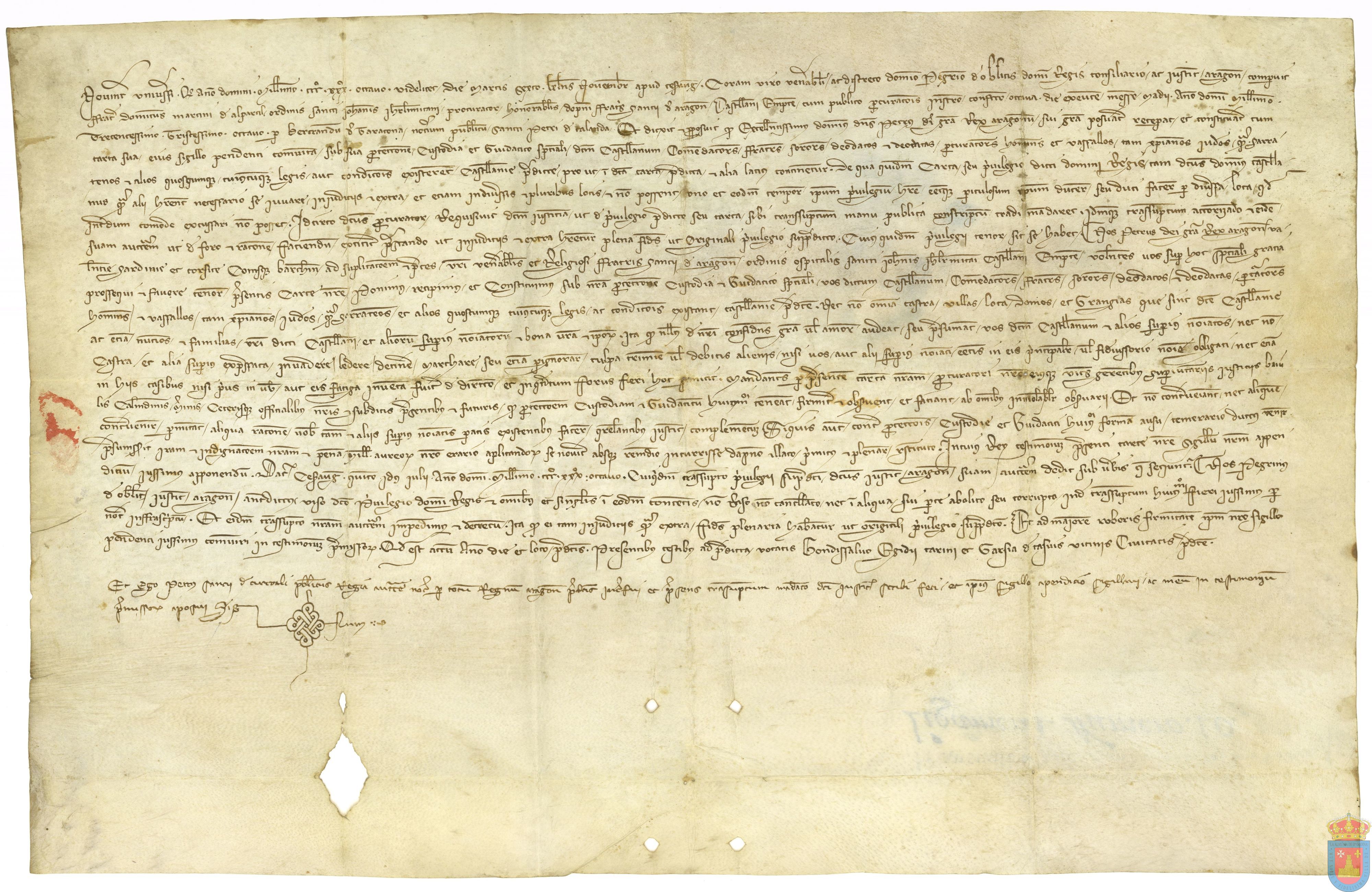 Pedro IV, rey de Aragón, concede a la Orden del Hospital de San Juan de Jerusalén, a sus subditos y bienes, su especial protección real prohibiendo perjudicarles por causa de crimen y deudas ajenas