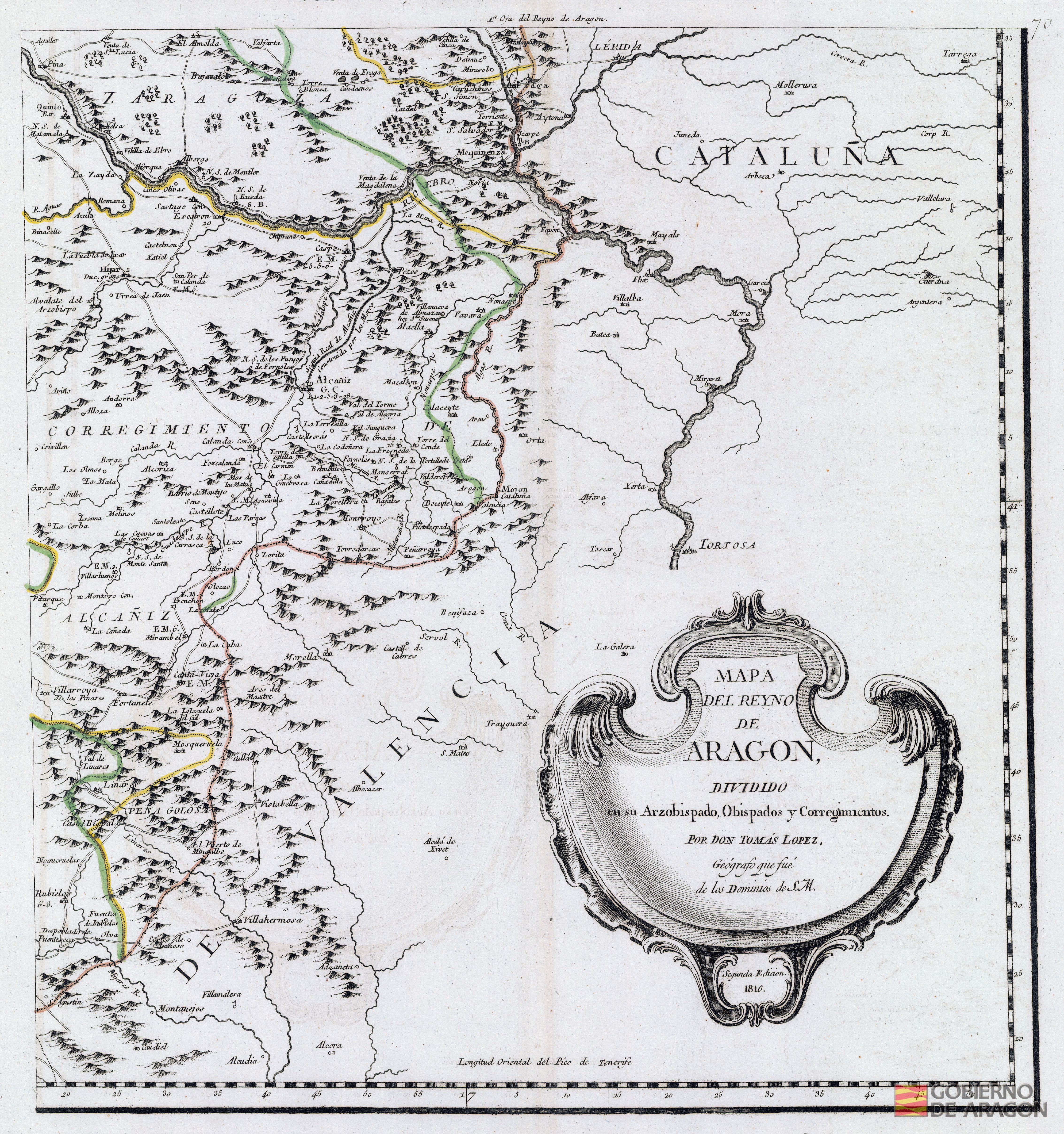 Mapa del reyno de Aragón dividido en su arzobispado, obispados y corregimientos. Por Don Tomás López, geógrafo que fue de los dominios de S. M.. Aragón, reino de