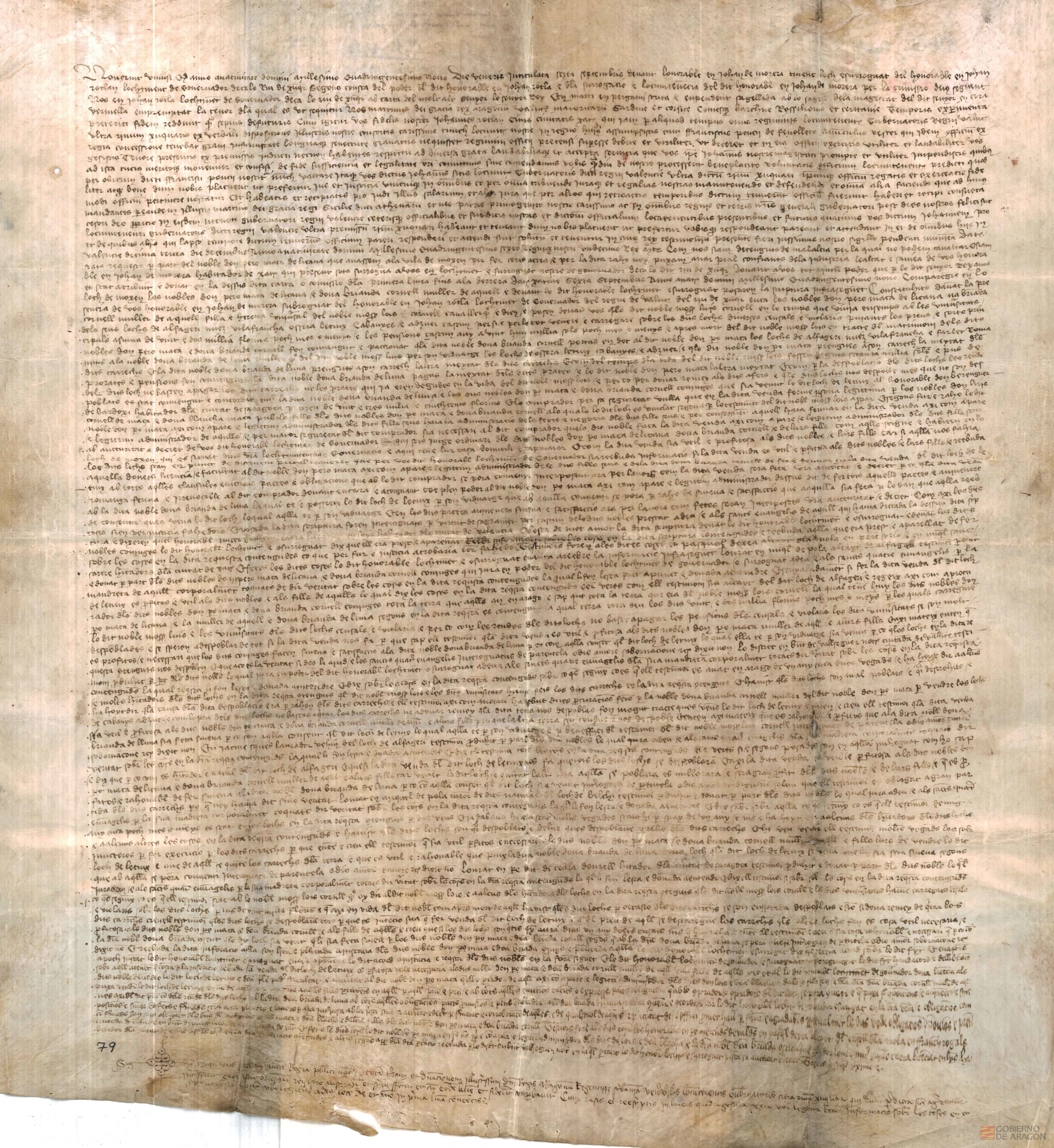 Don Pedro Maza de Lizana, señor de los lugares de Moxen y Alfajarín,y su mujer Doña Brianda Cornel, nombran procurador al honorable Guillén Zaera, licenciado en Leyes, para intervenir en su nombre en la venta del lugar de Letux, perteneciente a la baronía de Alfajarín a D. Berenguer de Bardaxí