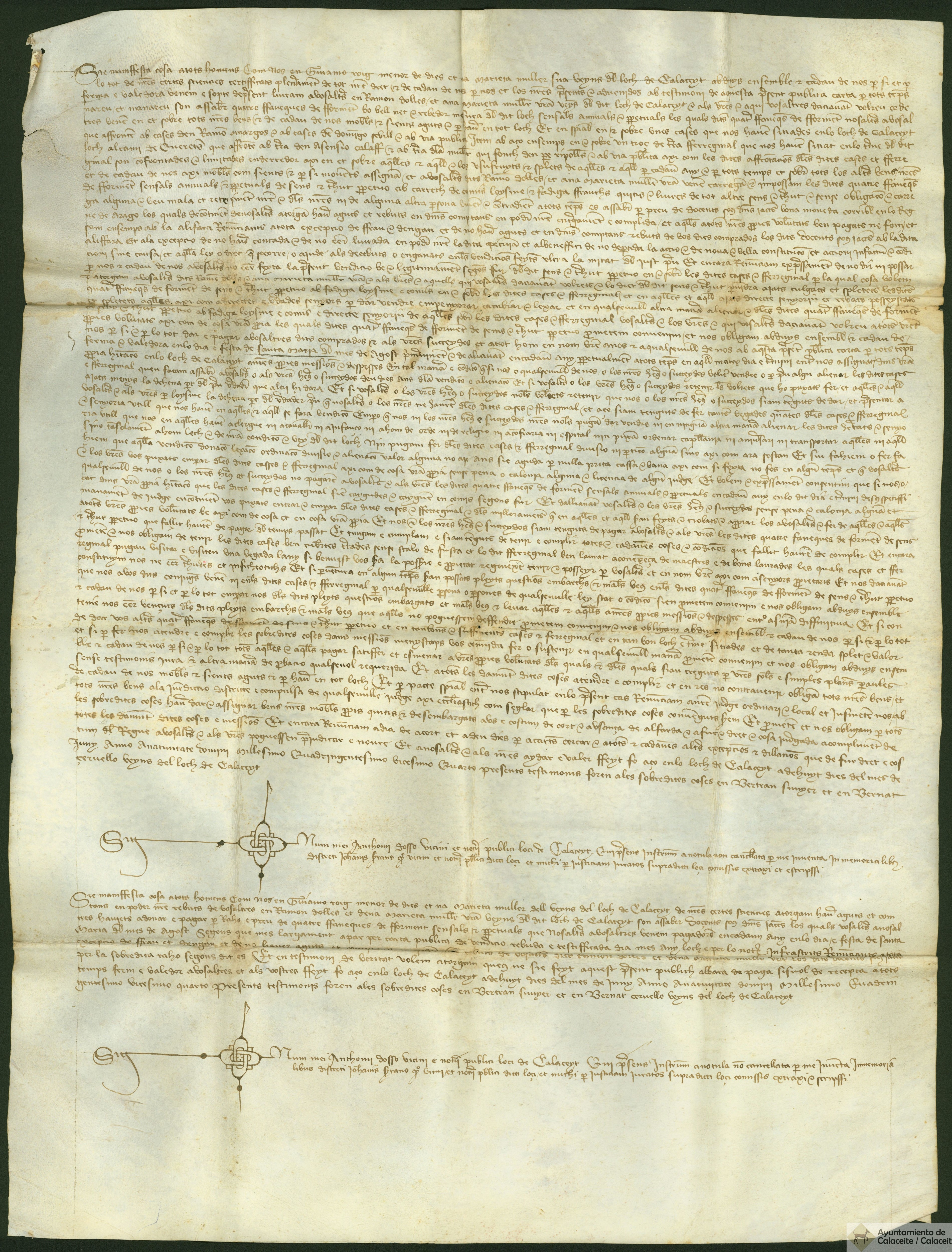 Carta de imposición y libramiento de 4 fanegas de trigo de censo anual de Guillermo Roig y su mujer a favor de Ramón Dobles y su mujer, todos vecinos de Calaceite. Con albarán del pago de los 200 sueldos jaqueses de precio