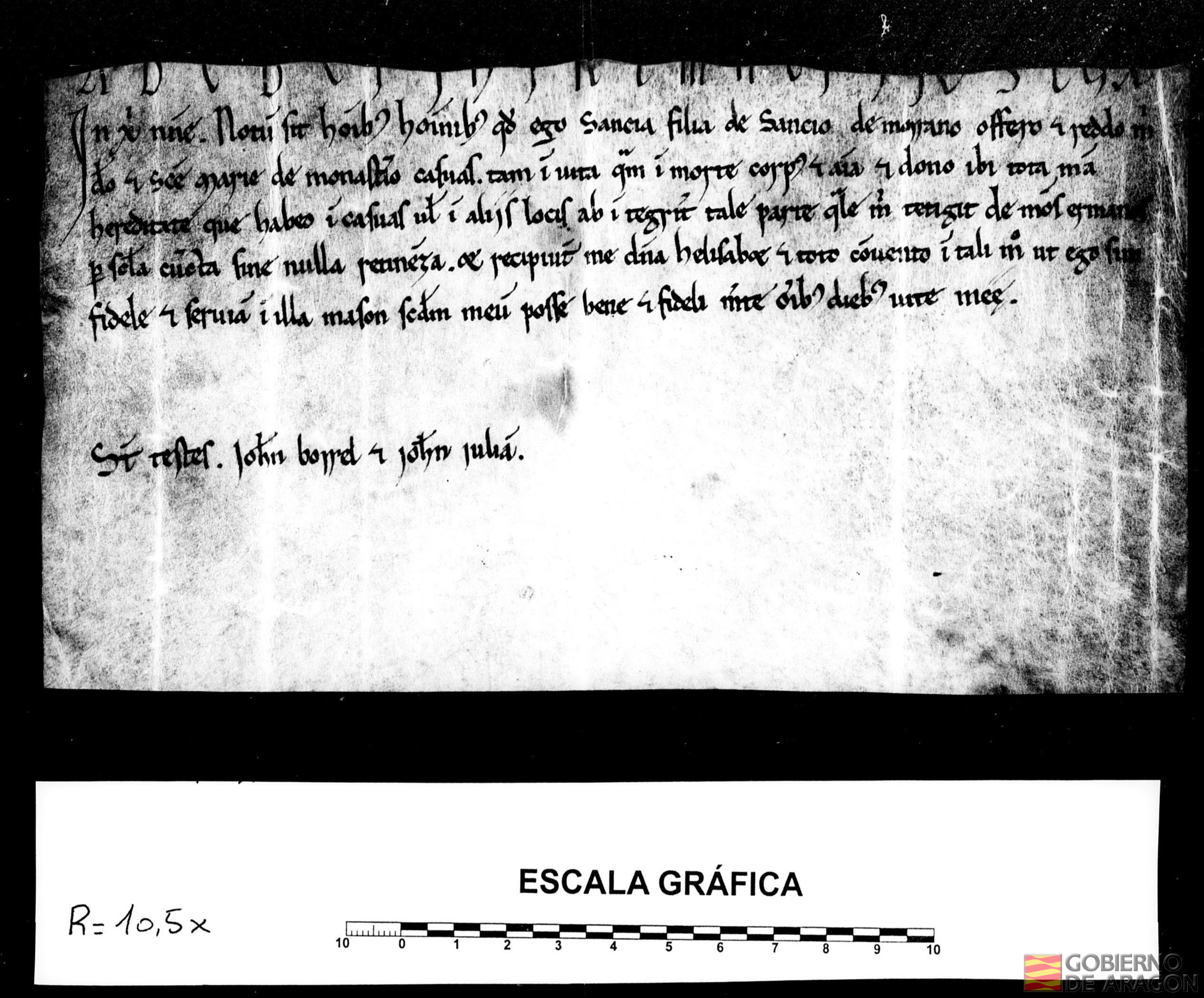 Sancha, hija de Sancho de Morrano, se ofrece en cuerpo y alma al monasterio de Casbas, entregándole la heredad que posee en Casbas.