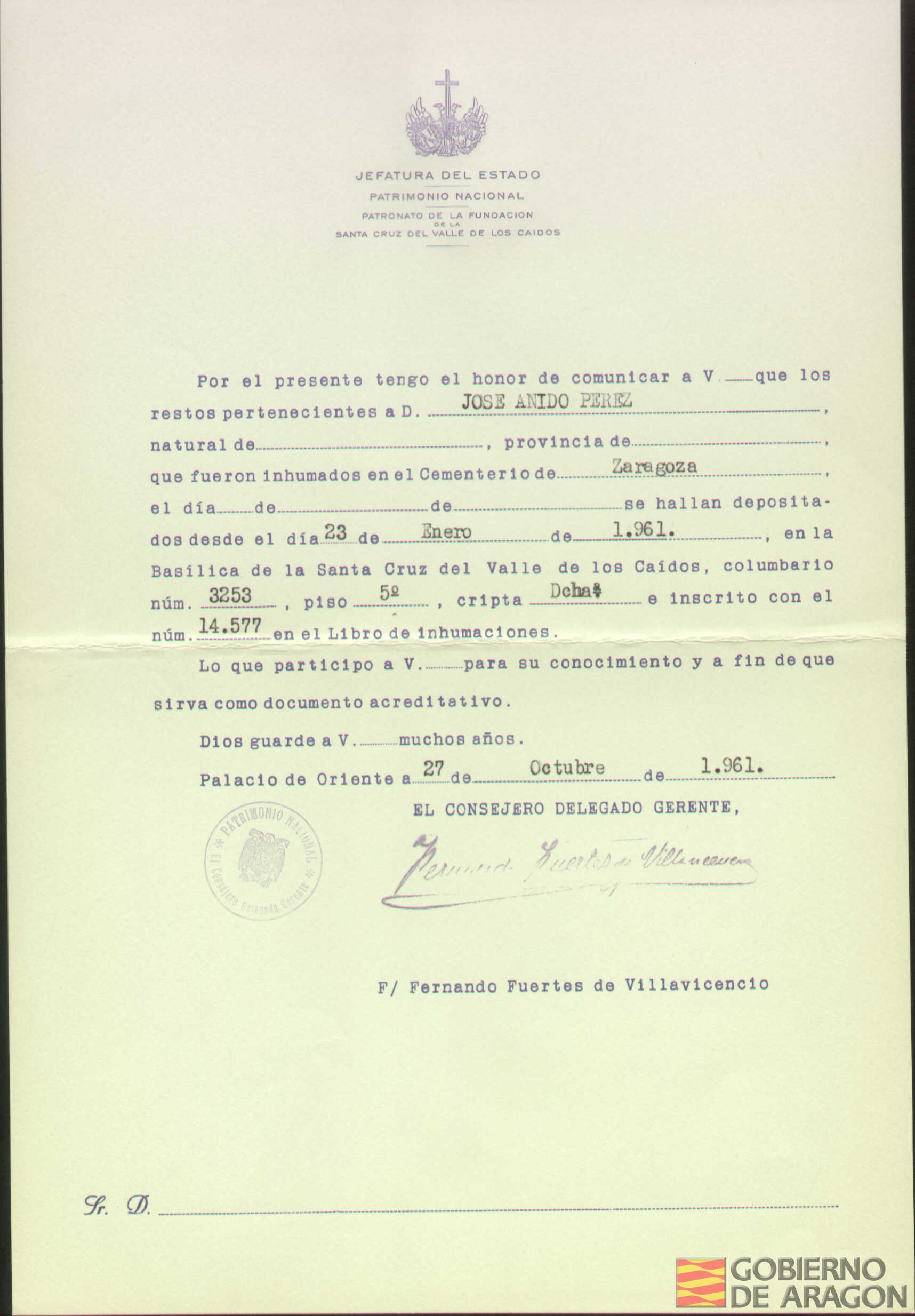 Traslado al Valle de los Caídos de los restos mortales de José Anido Pérez el día 23 de enero de 1961