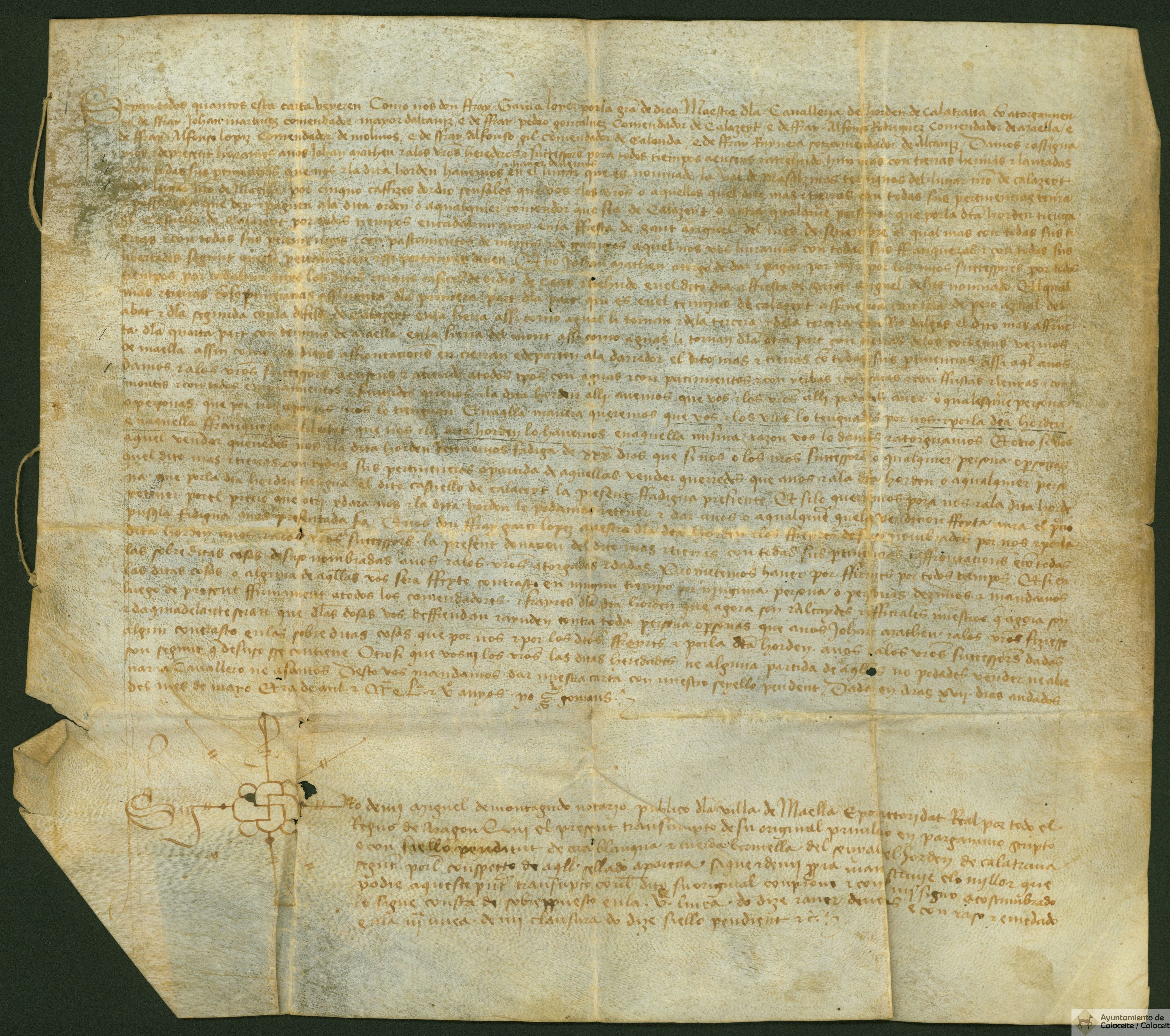 García López, maestre de la caballería de la Orden de Calatrava, con los comendadores de Alcañiz, Calaceite, Maella, Molinos y Calanda entregan a Juan Martín y a sus herederos un mas en Masalcinas, en el término de Calaceite, a cambio de un treudo de 5 cahices de ordio de treudo cada año en la fiesta de San Miguel de septiembre