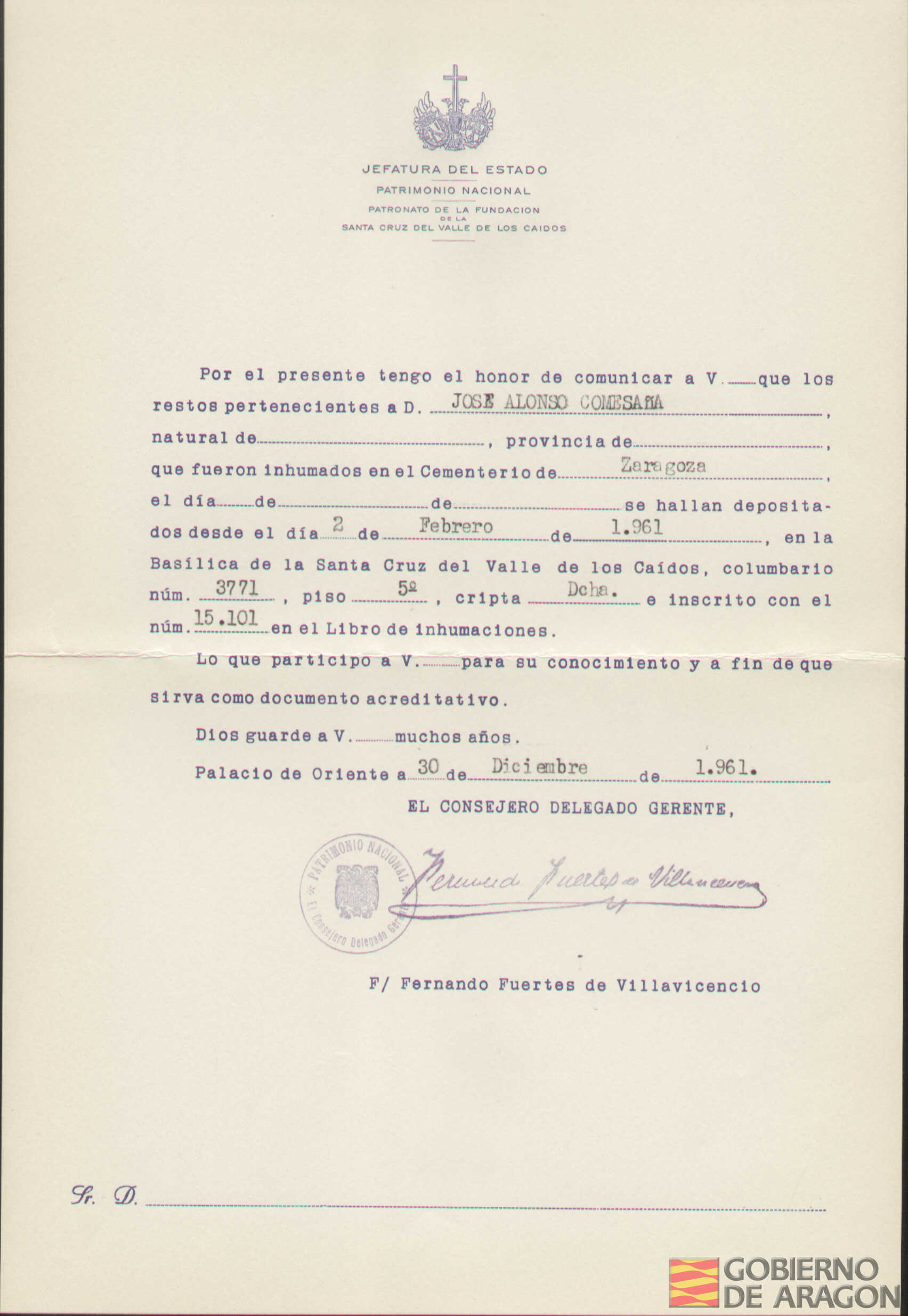 Traslado al Valle de los Caídos de los restos mortales de José Alonso Comesaña el día 2 de febrero de 1961