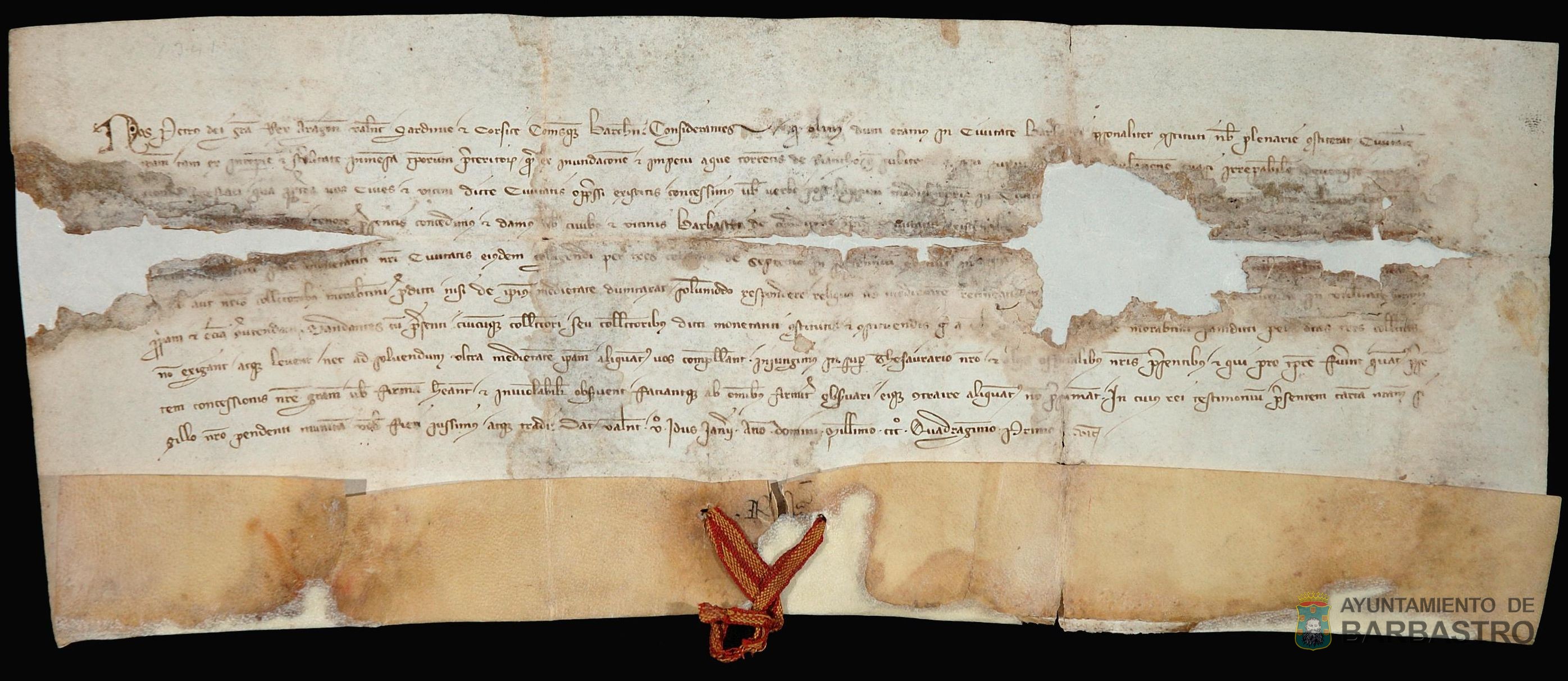 Pedro IV "el Ceremonioso" exime a los vecinos de Barbastro durante tres años del pago del maravedí por los daños causados por la sequía y las inundaciones producidas por la crecida del río Ancho.