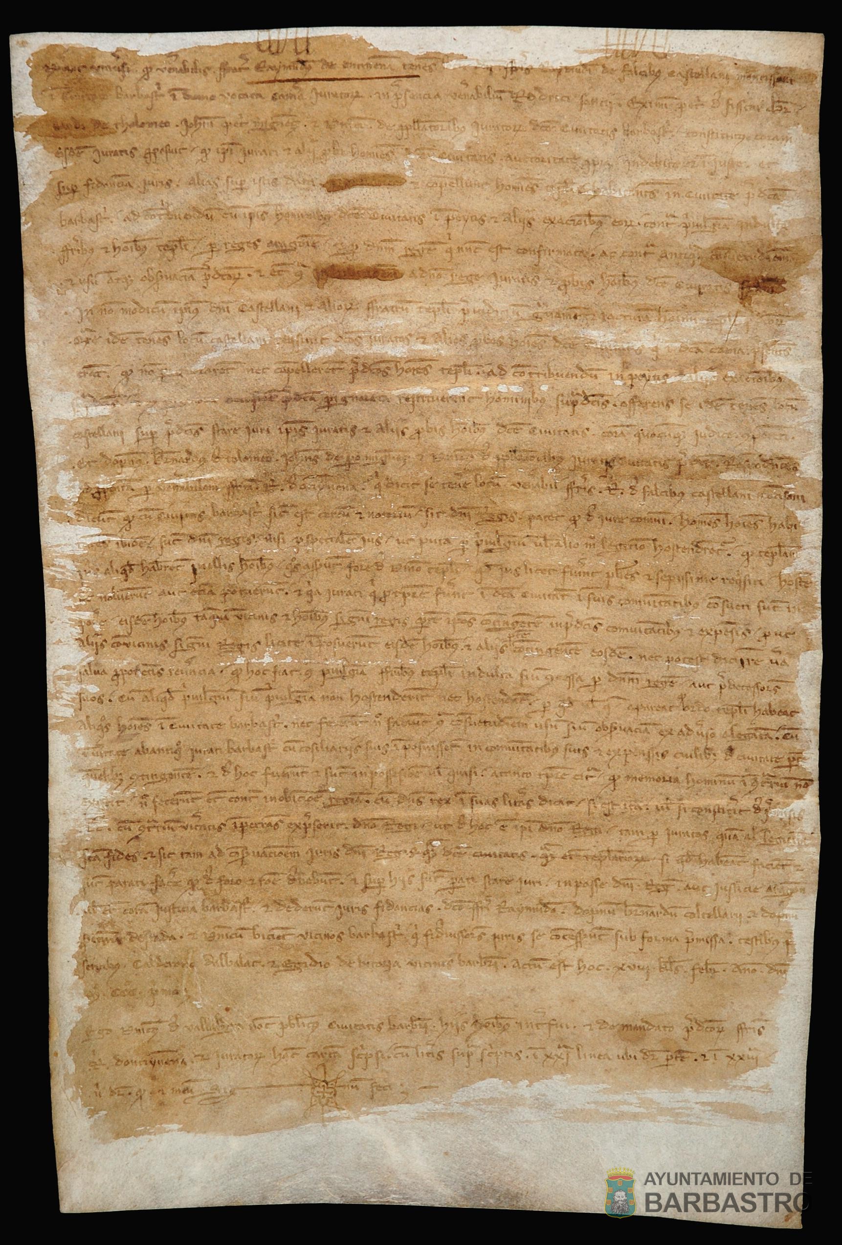 Protesta hecha por fray Raimundo de Ontiñena, lugarteniente del Castellán de Monzón fray Raimundo de Falces, en el que solicita a los jurados de Barbastro la exención de impuestos a los vecinos acogidos al fuero de la Orden del Temple