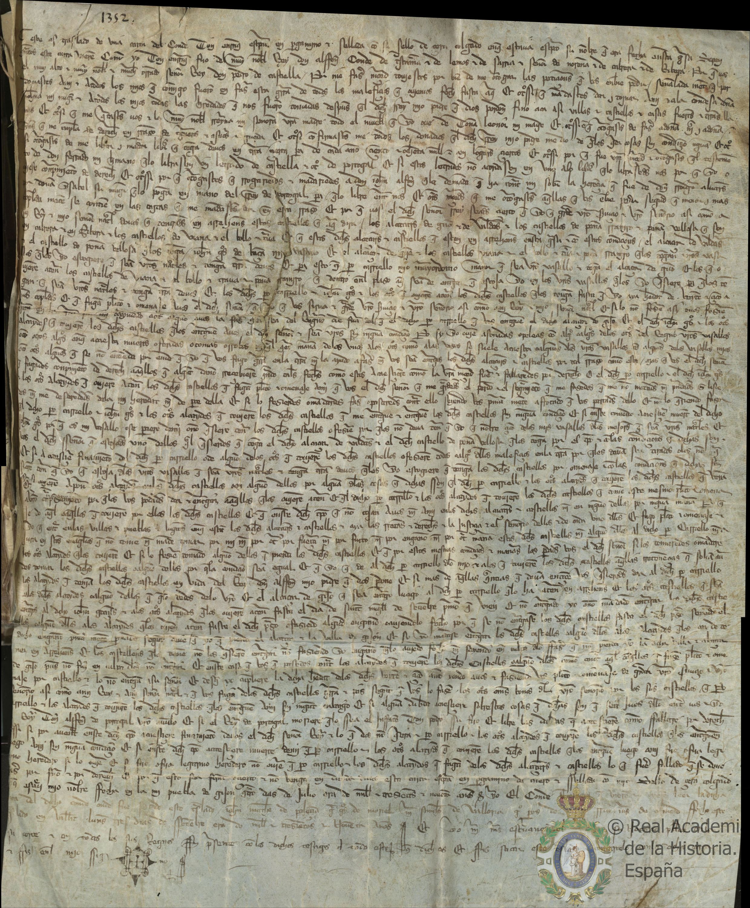 Enrique, conde de Trastamara, en atención a las mercedes recibidas por Pedro I, rey de Castilla (que enumera), se compromete a someterse a su autoridad cediéndole en garantía una serie de castillos y alcazares que quedarán bajo su custodia hasta el momento en que le preste homenaje y juramento de fidelidad.