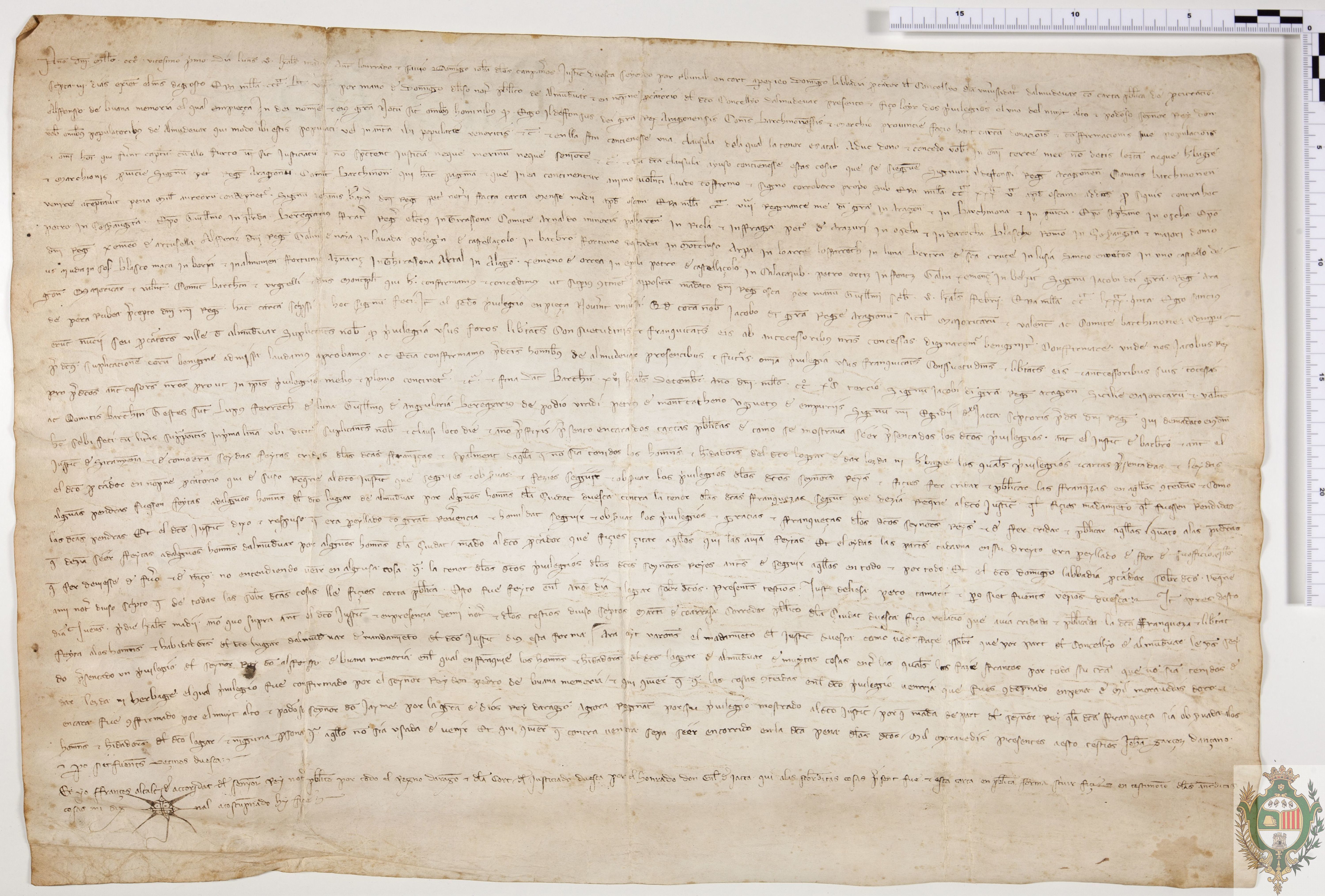 Domingo de la Abadía, representante del concejo de Almudévar, presenta ante Juan de los Campaneros, Justicia de Huesca, sendos privilegios concedidos a la villa de Almudévar por Alfonso II y Jaime II, a la vista de los cuales se mandan pregonar por la ciudad las franquicia contenidas en los mismos
