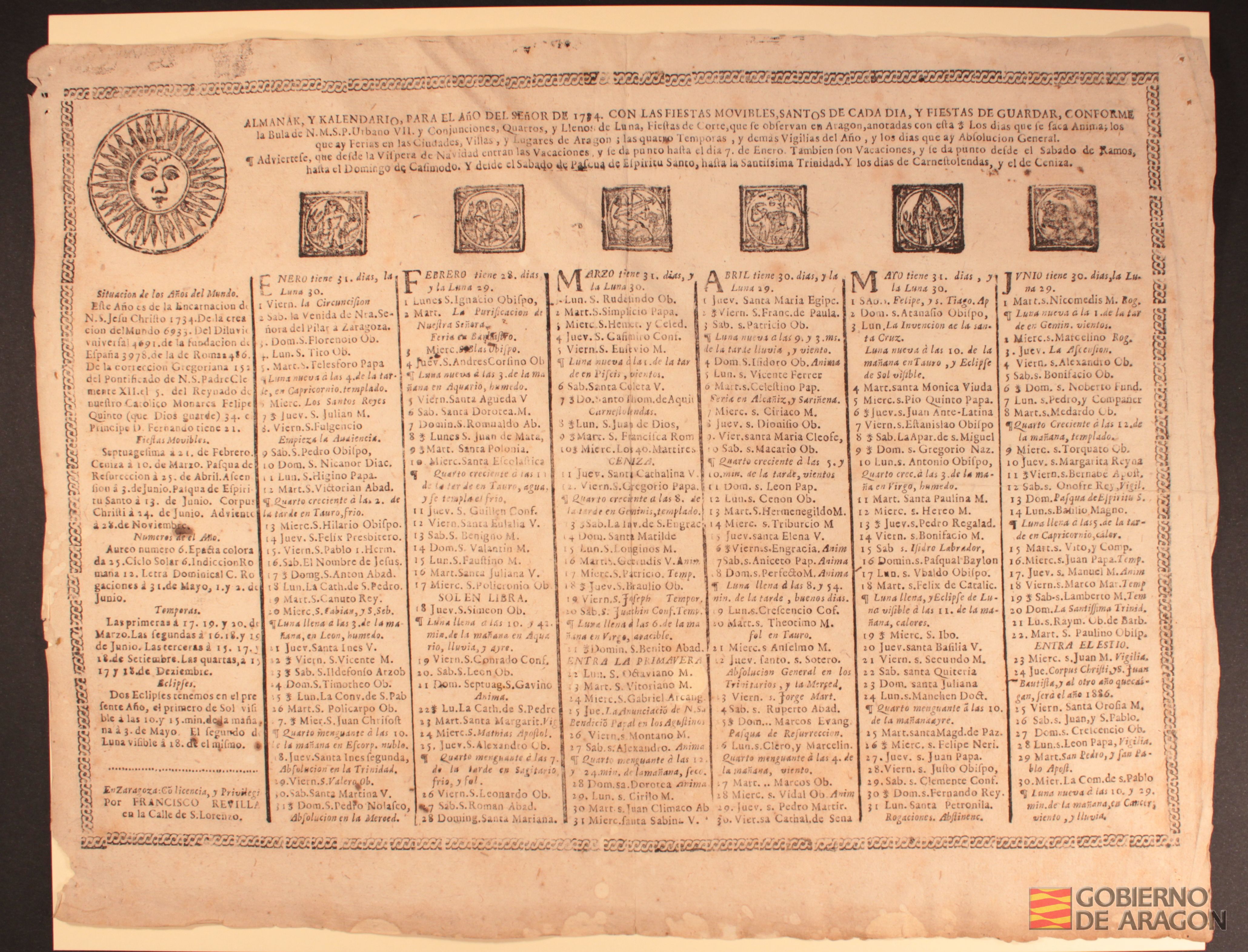 Anverso del Almanake y kalendario para el año del Señor de 1734. Con las fiestas movibles, Santos de cada dia, y fiestas de guardar, conforme la bula de ... Urbano VII
