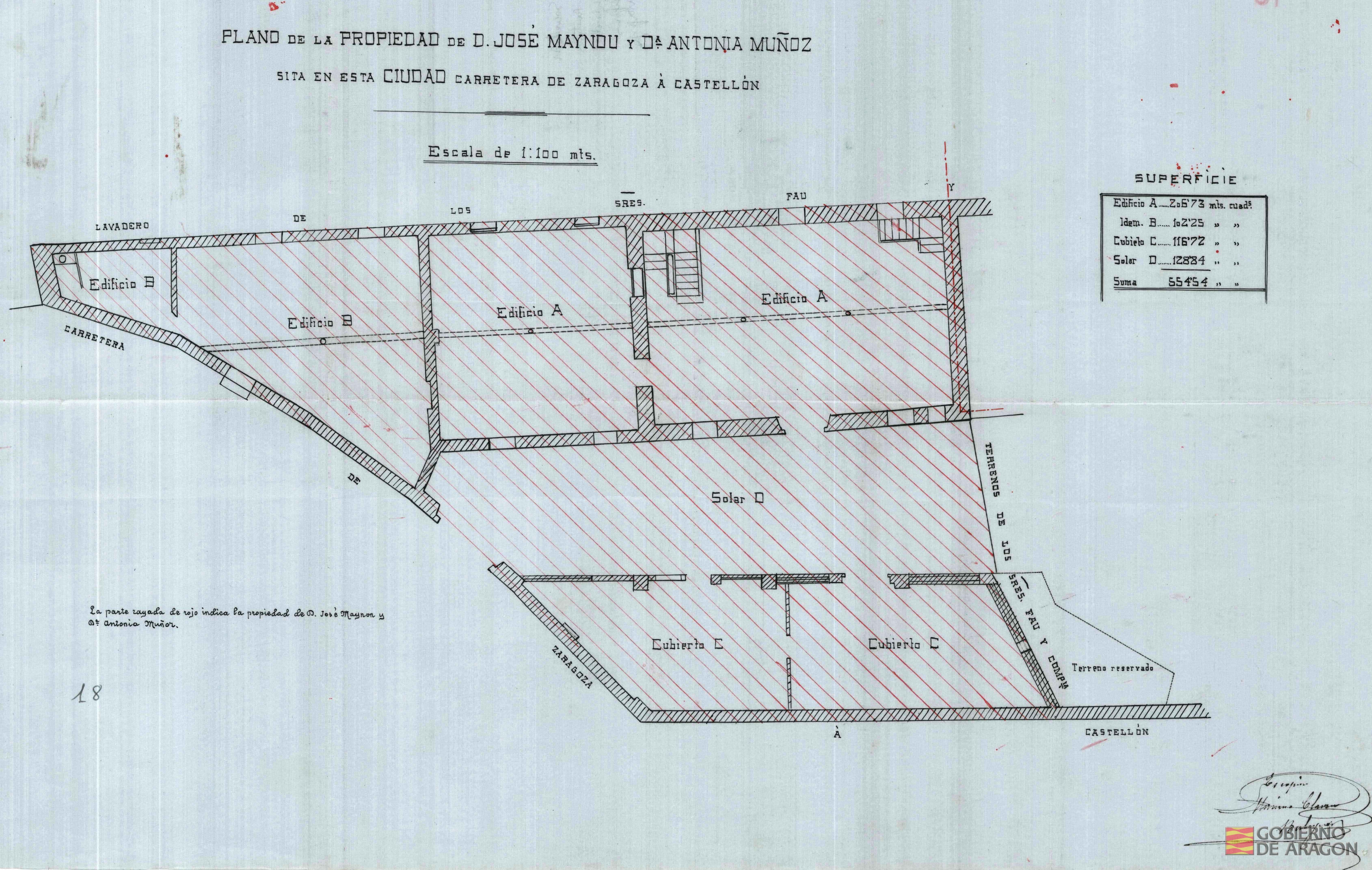 Plano de la propiedad de Don José Maynou y Doña Antonia Muñoz, sita en esta ciudad, carretera de Zaragoza a Castellón. Copia firmada por Mariano Clavero Balaguer