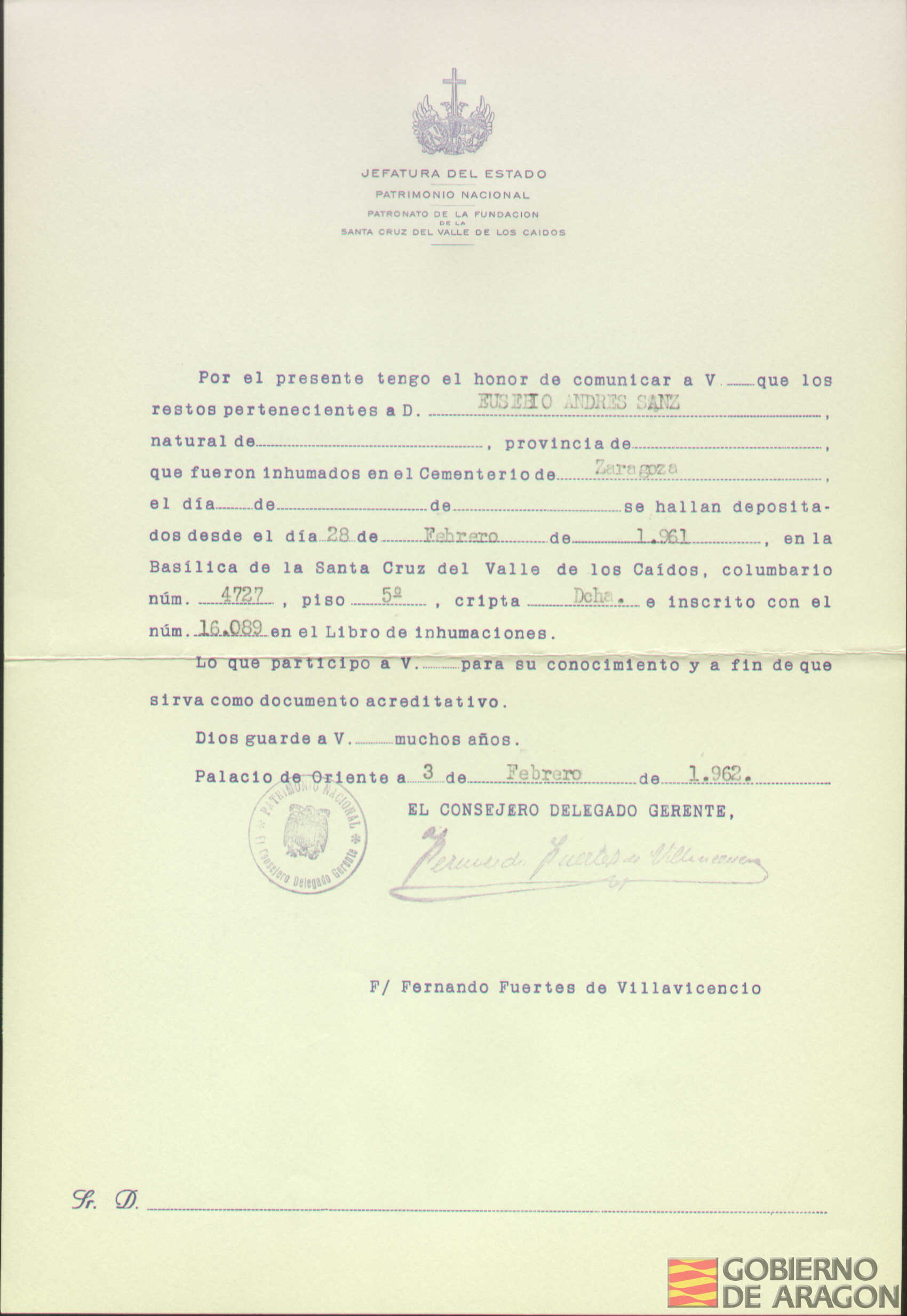 Traslado al Valle de los Caídos de los restos mortales de Eusebio Andrés Sanz el día 28 de febrero de 1961