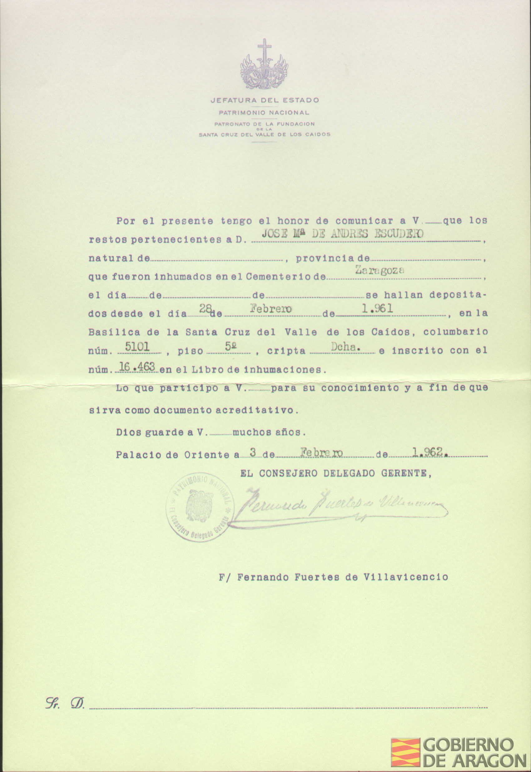 Traslado al Valle de los Caídos de los restos mortales de José María de Andrés Escudero el día 28 de febrero de 1961