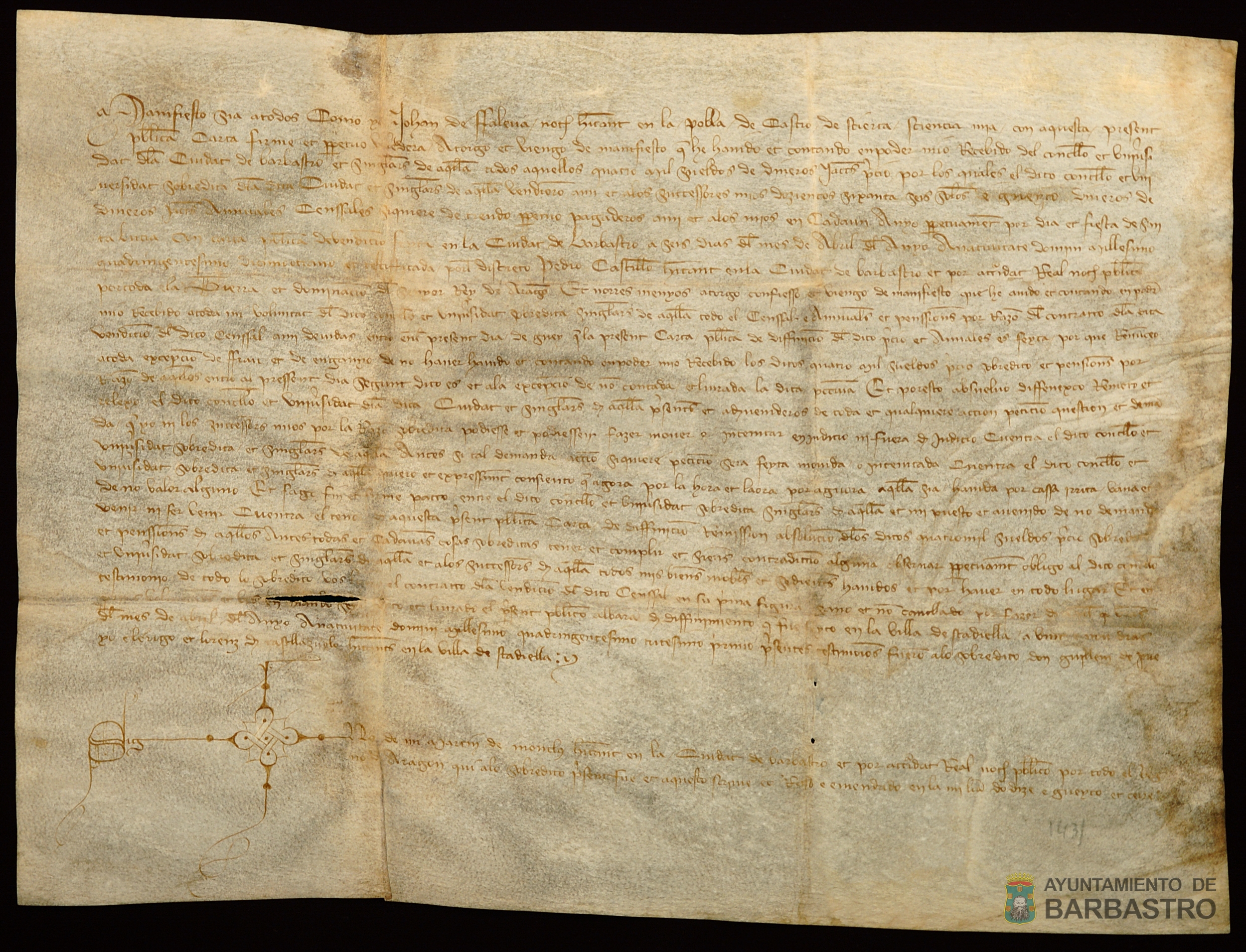 Johan de Faleva, notario habitante de La Puebla de Castro, recibe del Concejo de Barbastro 4000 sueldos jaqueses, precio del censo que le vendio el Concejo por 266 sueldos y 8 dineros jaqueses de pension anual y que fue testificado por el notº Pedro Castillon el 06/04/1418.