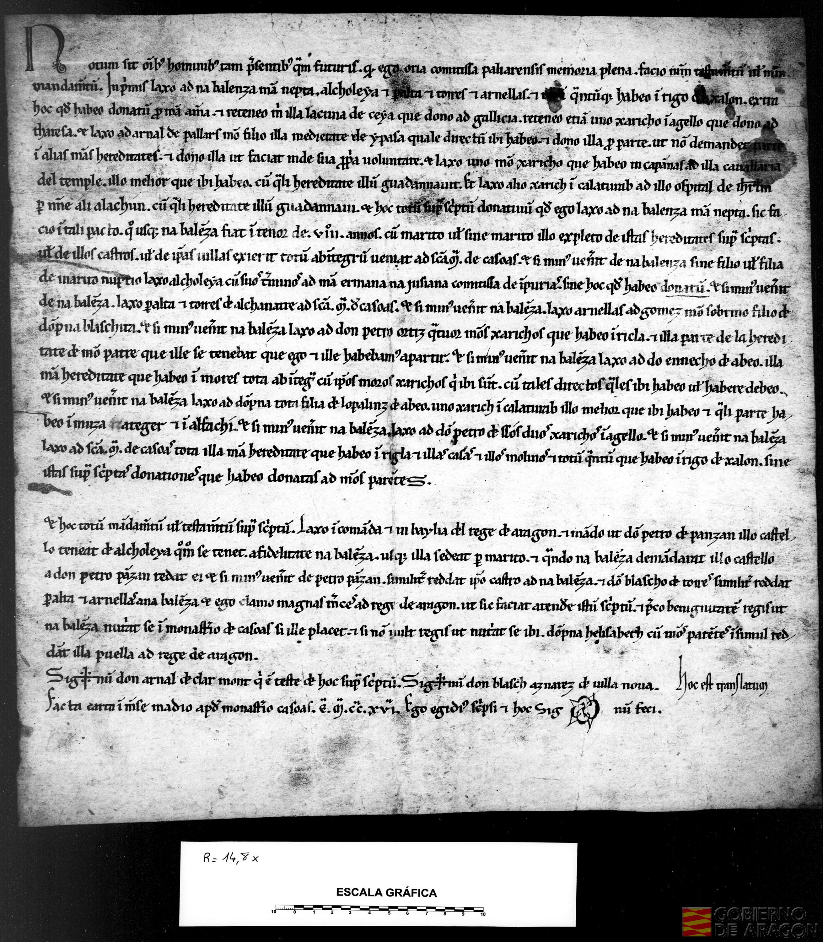 Oria, condesa de Pallars y fundadora del monasterio de Casbas, otorga testamento disponiendo, entre otras cláusulas, que hasta que su nieta Valencia cumpla ocho años, reviertan los bienes de Peralta de Alcofea y Torres de Alcanadre al monasterio, y que si dicha Valencia muriese, Peralta de Alcofea, Torres de Alcanadre, una heredad de Ricla y las casas, molinos y cuanto posee en el río Jalón reviertan igualmente en el monasterio de Casbas