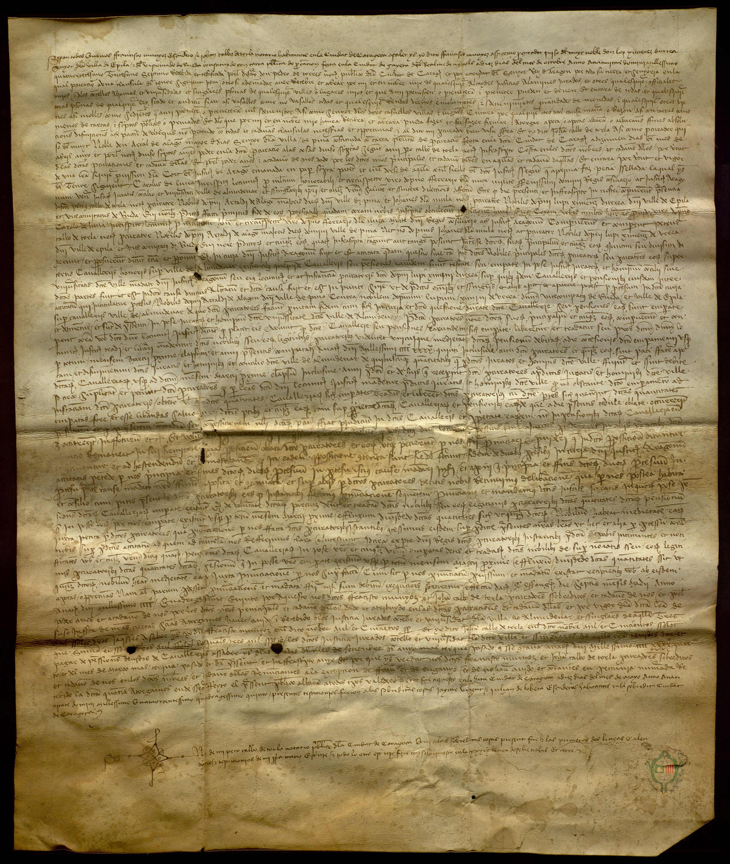 Francisco Muñoz y Juan Calvo de Torla, procuradores de Jimeno de Urrea, reconocen haber recibido del concejo de Almudévar 1.500 sueldos jaqueses por las caballerías del año 1444