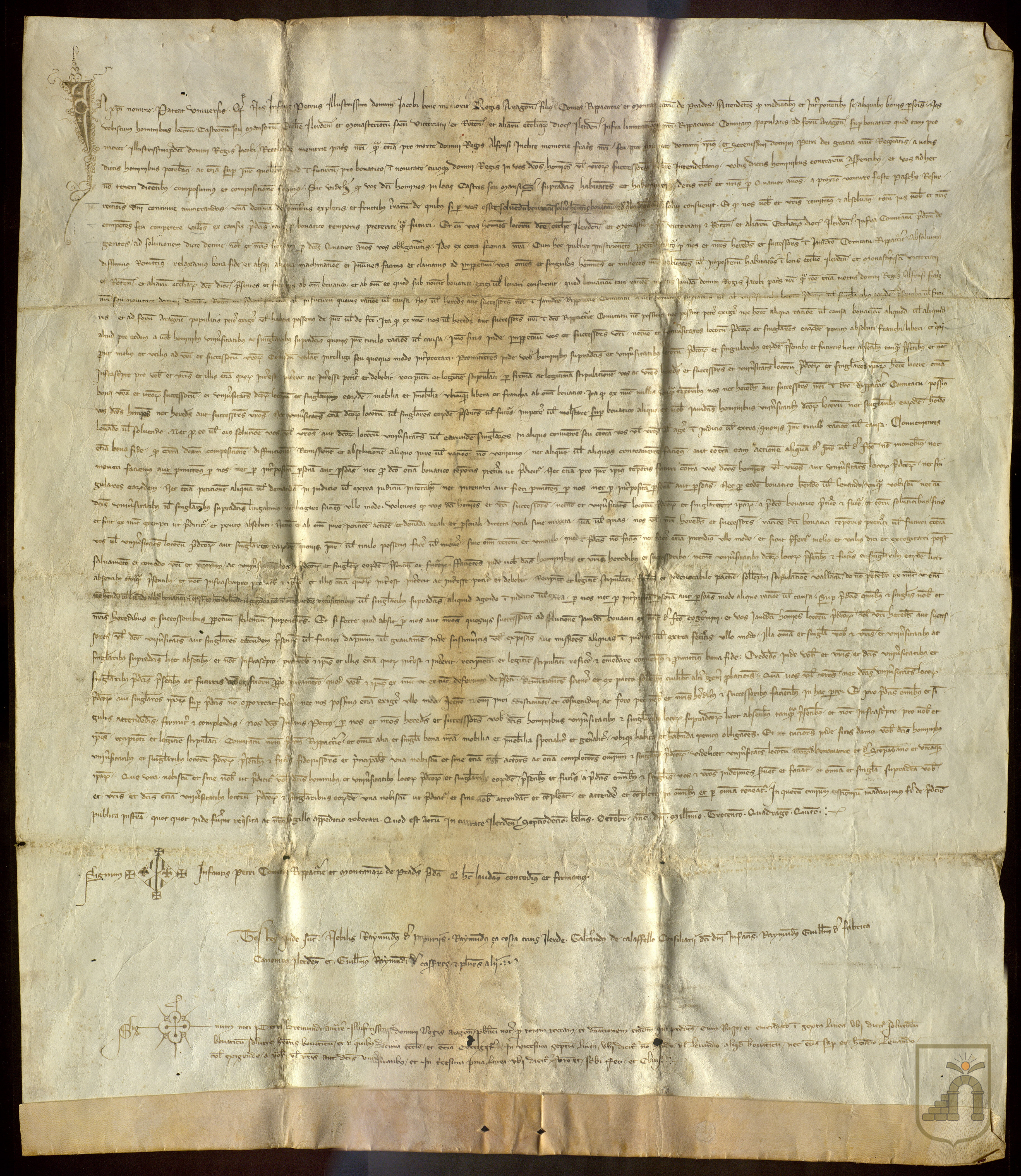 Pedro, conde de Ribagorza, absuelve a los hombres del monasterio de San Victorián, priorato de Roda y otras iglesias de la diócesis de Lérida que están poblados a Fuero de Aragón, del pago del bovaje, tanto de los cobros retrasados como de imposiciones futuras, a cambio de la décima parte de sus cosechas y producción durante cuatro años.