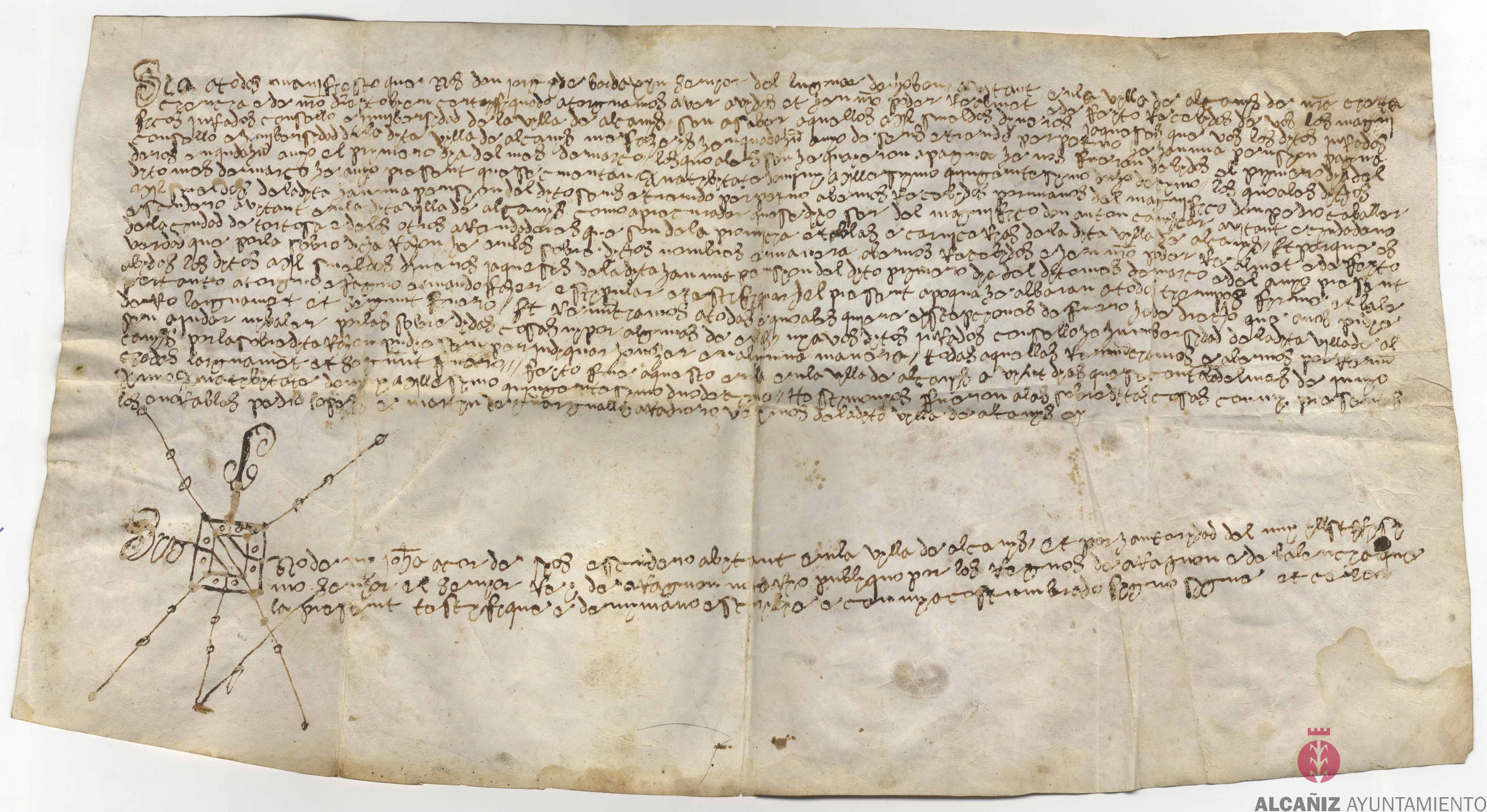 Albarán de 1.000 sueldos jaqueses otorgado por el Concejo, jurados y universidad de la villa de Alcañiz, a favor de Jorge de Bardajín