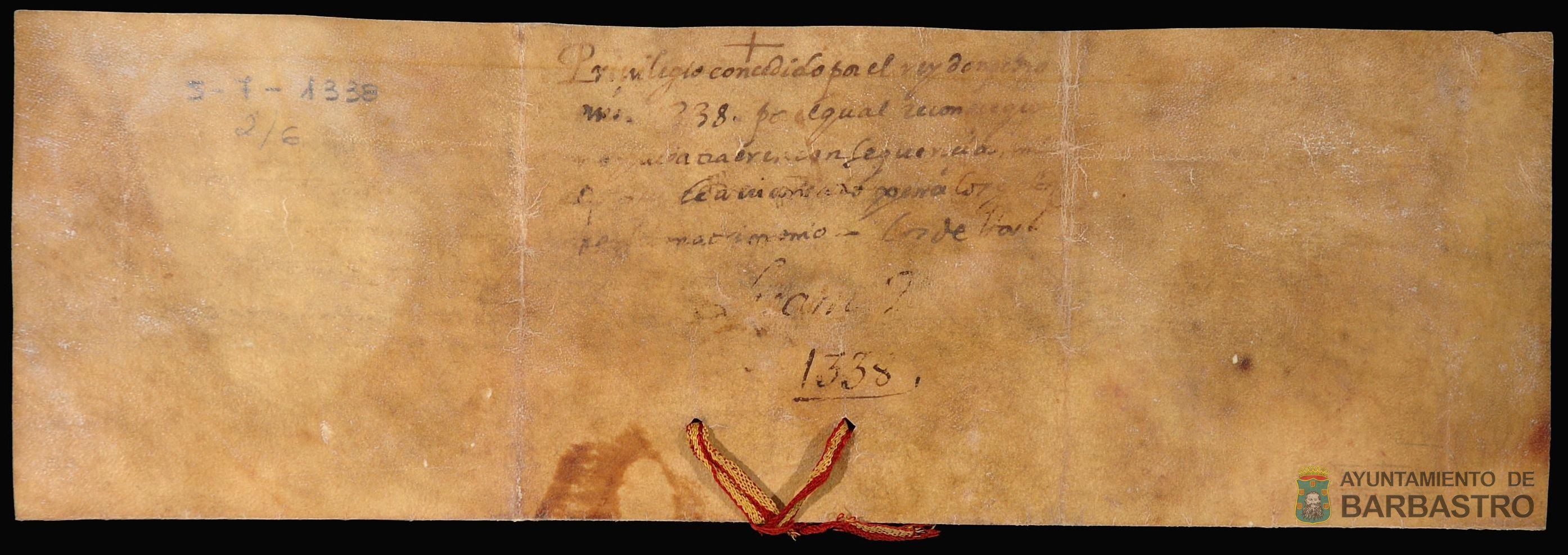 Pedro IV "el Ceremonioso" confirma los privilegios, libertades e inmunidades de la ciudad de Barbastro por haber contribuído con 1.000 sueldos jaqueses a los gastos de su matrimonio.