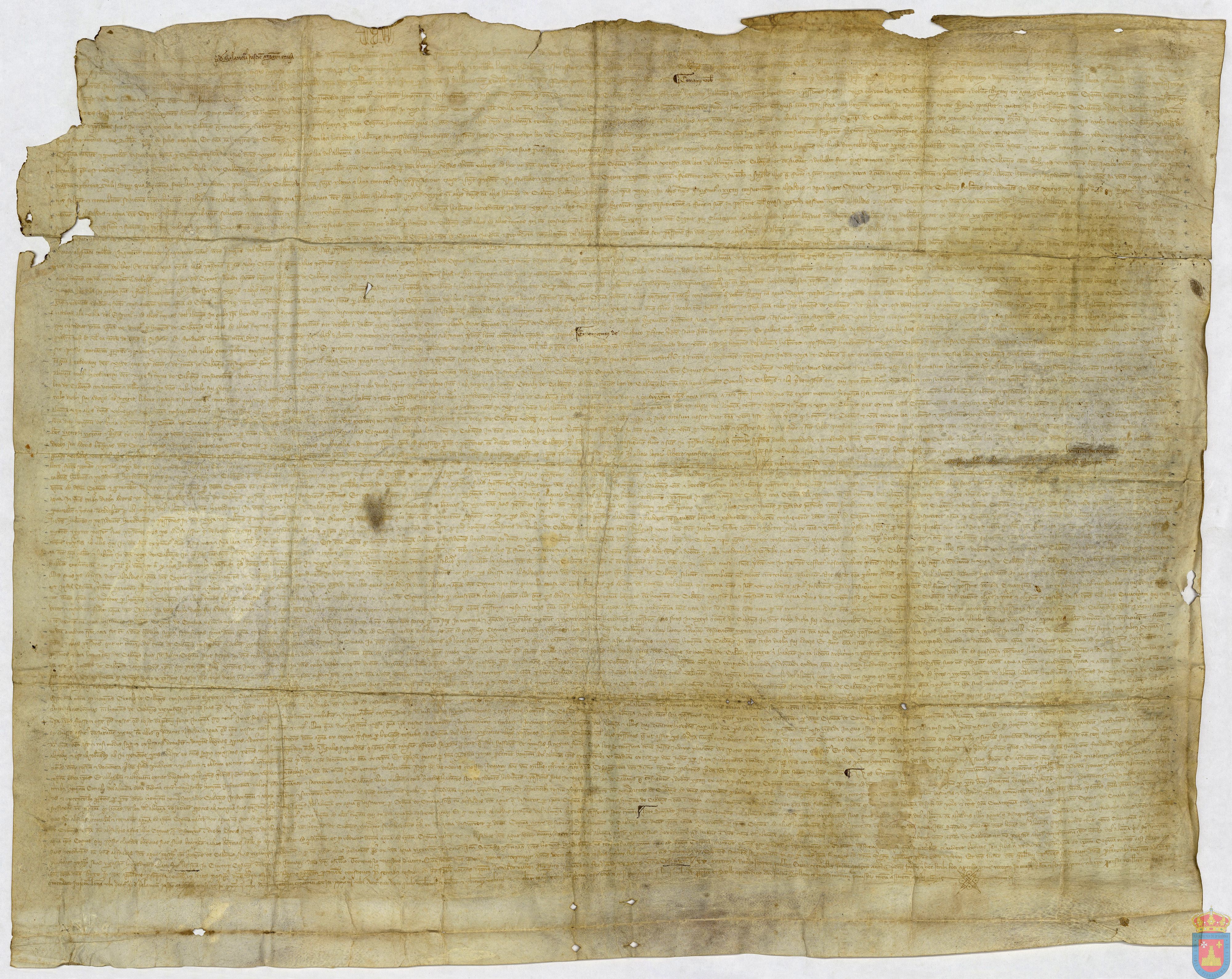 Jimeno Pérez de Salanova, Justicia de Aragón, sentencia pleito entre La Almunia y Cabañas sobre uso de agua sobrante de la acequia de Cánova, confirmando el uso por La Almunia en los días del turno de Cabañas y Ricla, así como el derecho a tener cavacequia.