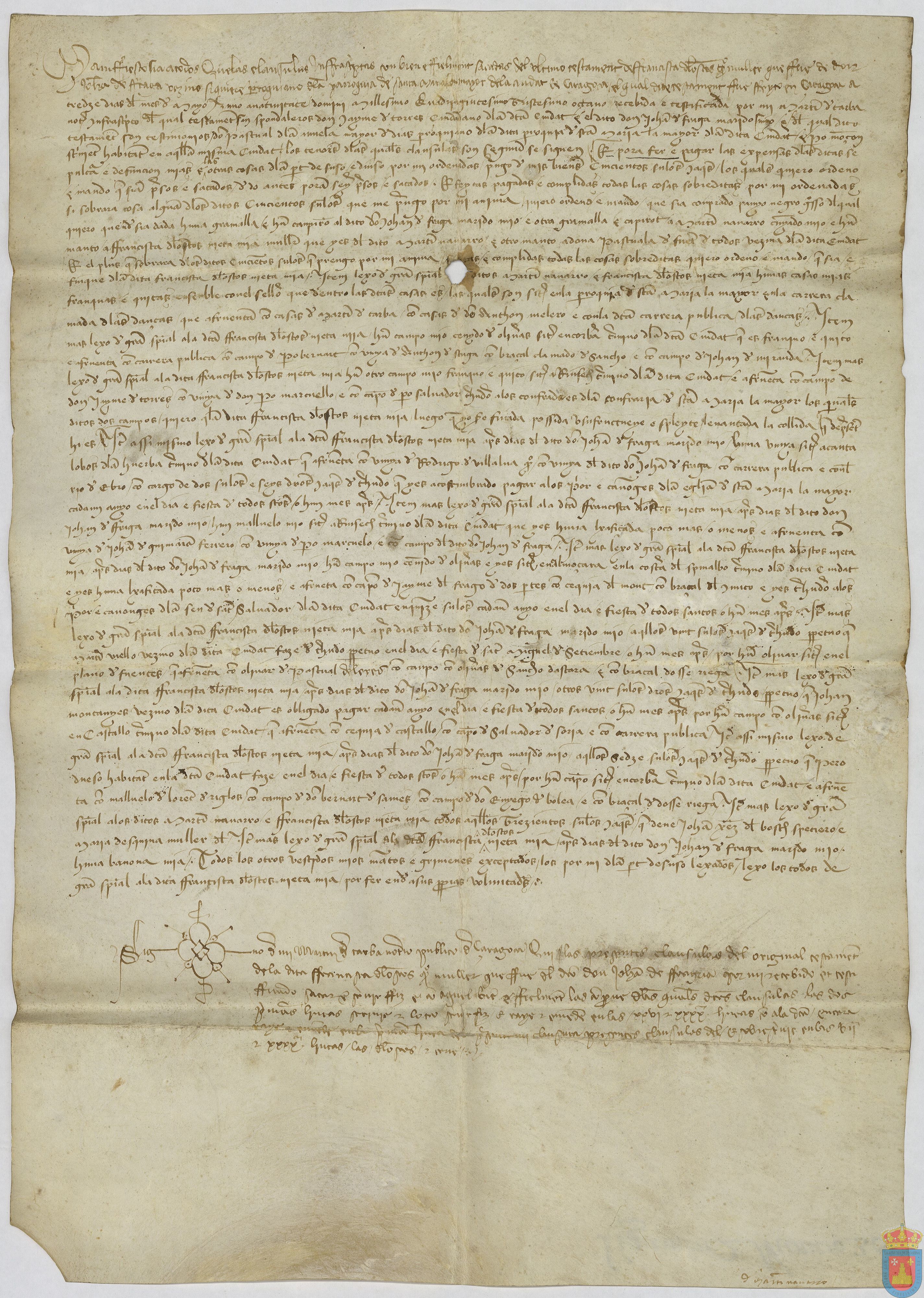 Claúsulas del testamento de Francisca de Loscos, mujer de Juan de Fraga, vecina de la Parroquia de Sta. María la Mayor de Zaragoza.