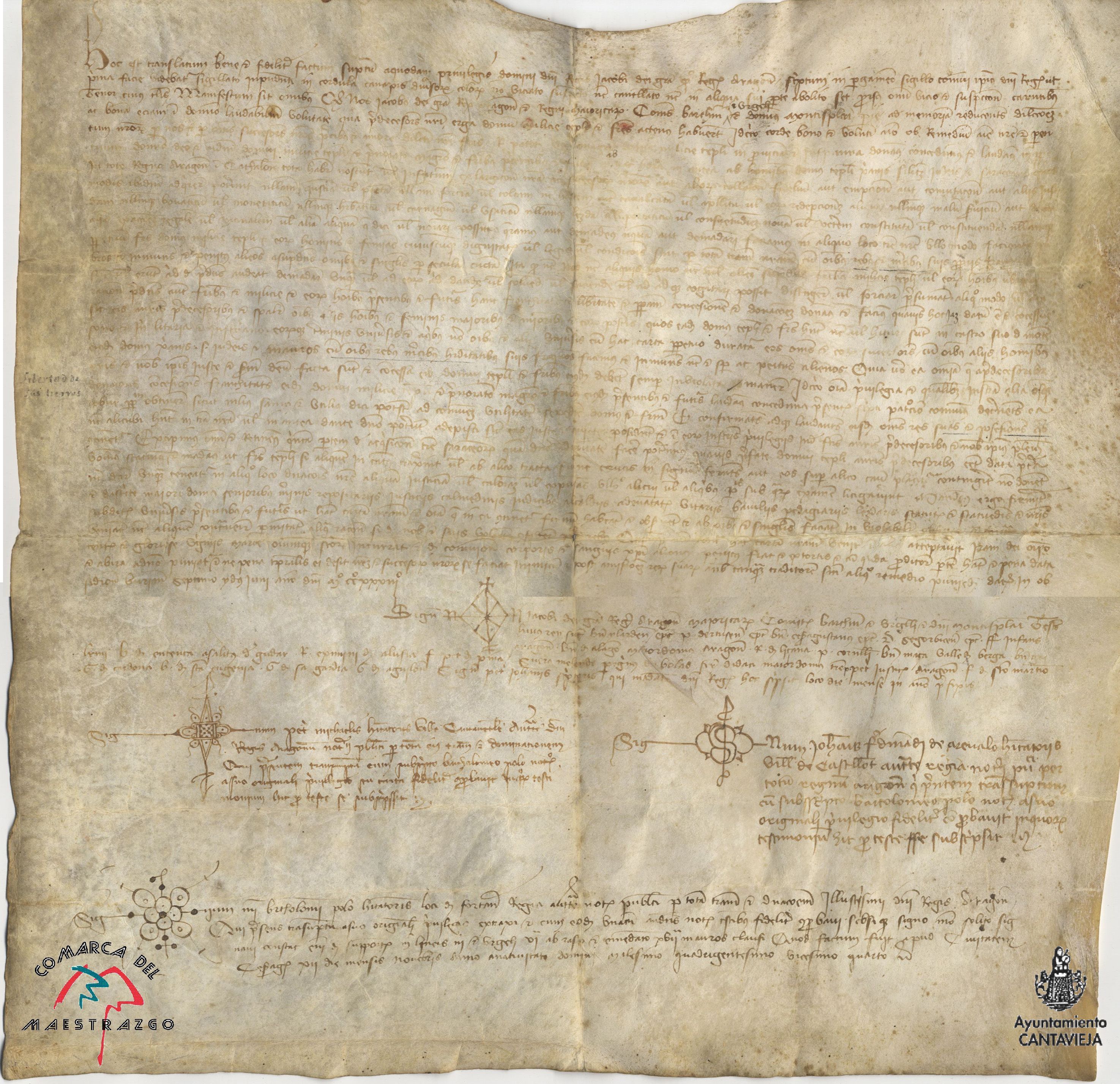 Traslado del privilegio del rey Jaime por el que concede las libertades y fueros de Aragón a Cantavieja por el auxilio que en hombres, caballos, vituallas y dinero habían prestado para la conquista de la población