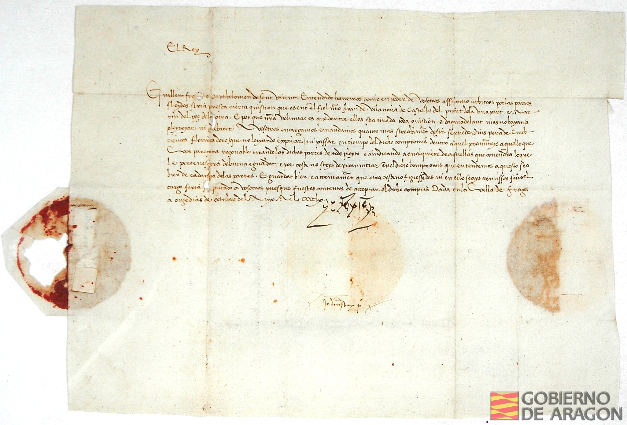 Juan II escribe a Guillermo Ferriz y Bartolomé de San Vicente encargándoles el arbitrio de la causa existente entre Juan de Vilanova, de Castejón del Puente, y Martín del Poz.