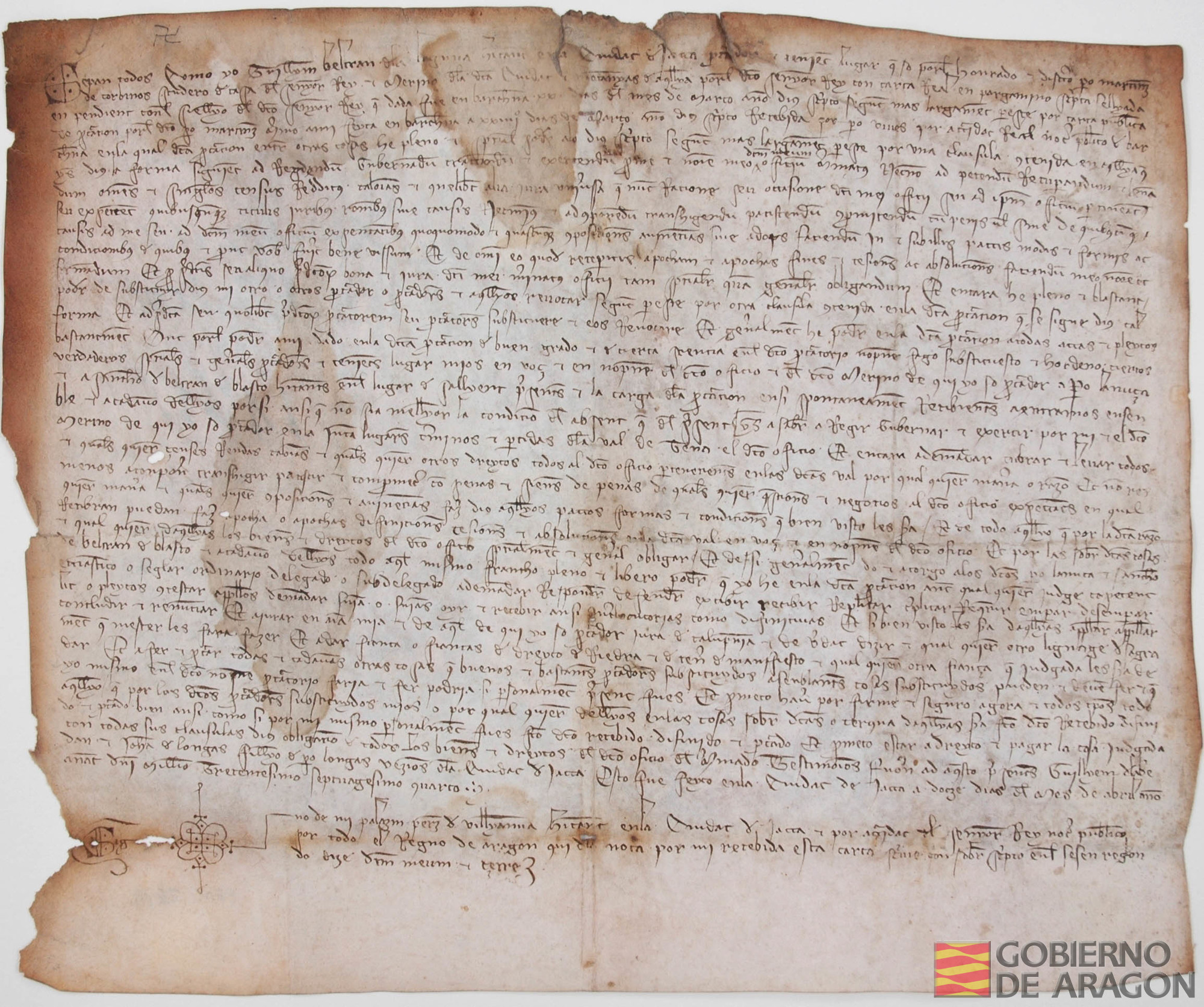 Guillermo Beltrán de La Laguna, habitante en Jaca y lugarteniente de Pedro Martínez de Corbins, merino de Jaca y sus montañas, nombra a Pedro de Lanuza y a Sancho Beltrán de Blasco, vecinos de Sallent de Gállego, para las cuestiones relacionadas con su oficio en el valle de Tena