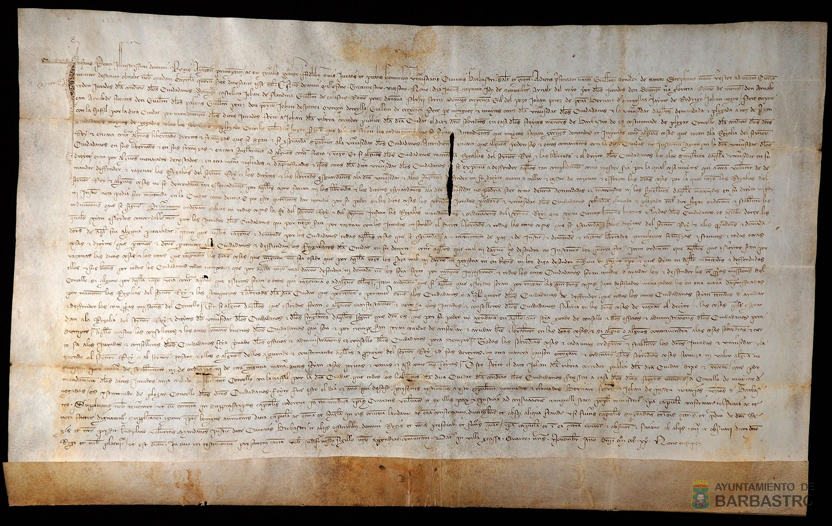 El infante Pedro confirma ordinaciones del Concejo de Barbastro.