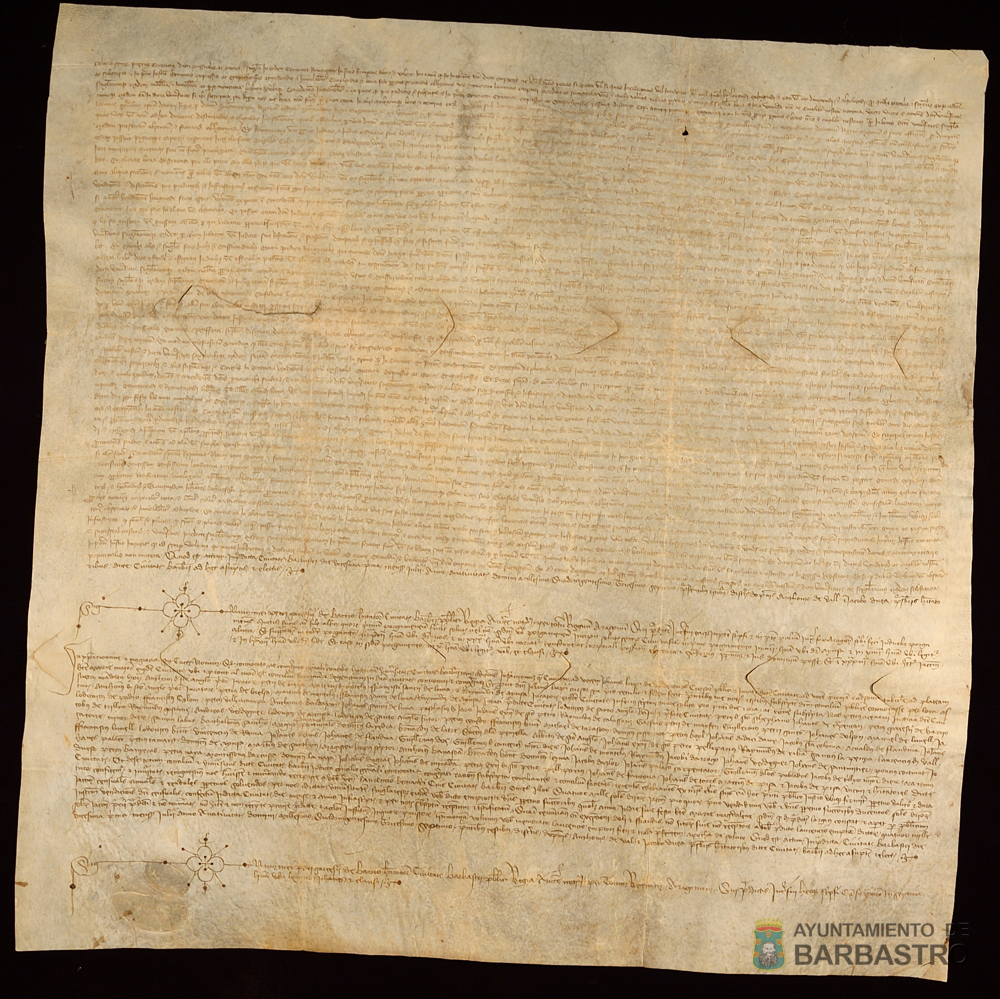 Censal vendido por el Concejo de Barbastro a Luis de Santangel, ciudadano de Barbº, de 400 sueldos jaqueses de pension anual, por 8000 sueldos de propiedad, pagaderos el dia de la fiesta de Santa Maria Magdalena. Notº. Pedro Garces de Barrio
