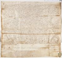 Proceso judicial ante Guillermo Elía, clérigo y juez de legado por Alfonso III, entre el concejo de Almudévar, por una parte, y el concejo de Lupiñén y la encomienda de San Juan del Hospital de Huesca, sobre el dominio del monte llamado Saso Plano, que termina con una sentencia favorable para el concejo de Almudévar