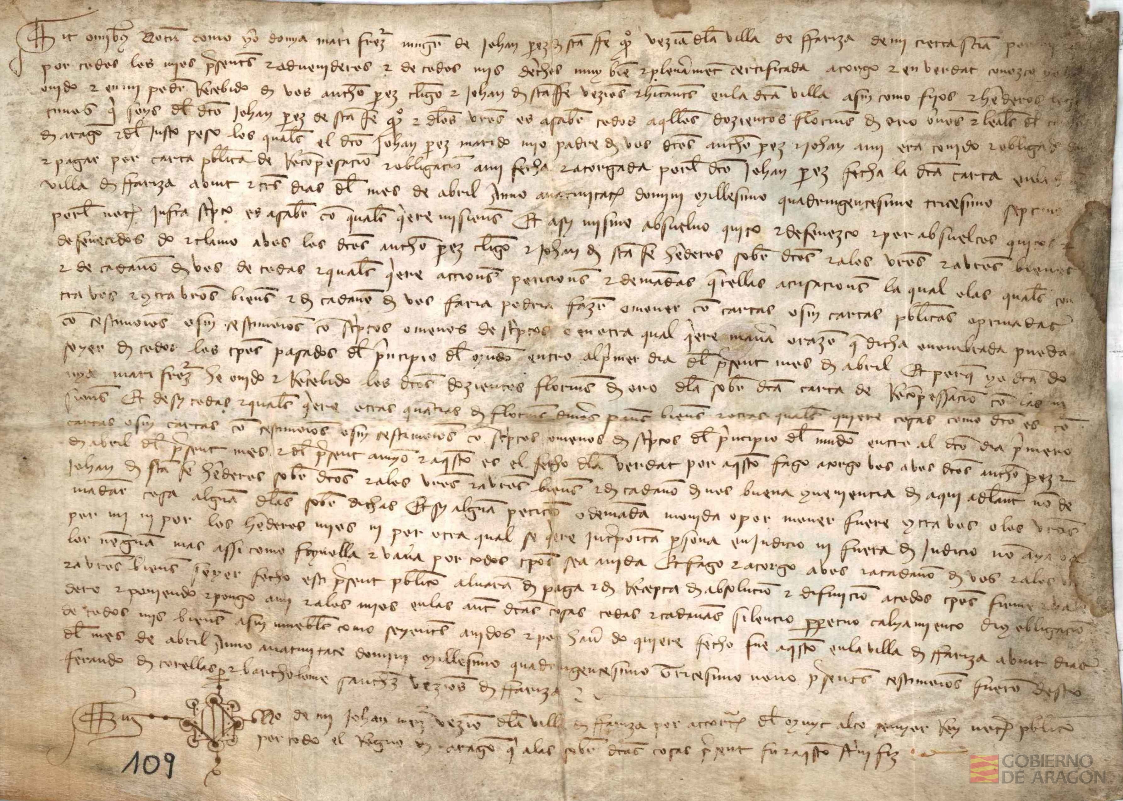 Doña Mari Ferrandez,mujer de Juan Pérez de Santa Fé,vecina de la villa de Ariza,reconoce haber recibido de Antón Pérez,clérigo,y Juan de Santa Fé,como hijos y herederos de Juan Pérez de Santa Fé,200 florines de oro,que éste le estaba obligado a pagar por carta de obligación hecha en 1437