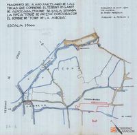 Fragmento del plano parcelario de las fincas que comprende el término regante de Almozara, en donde se halla situada la finca "Torre de Unceta" conocida con el nombre de "Torre de la Aurora".. Por la copia, el Perito Agrícola, Mariano A. Perales