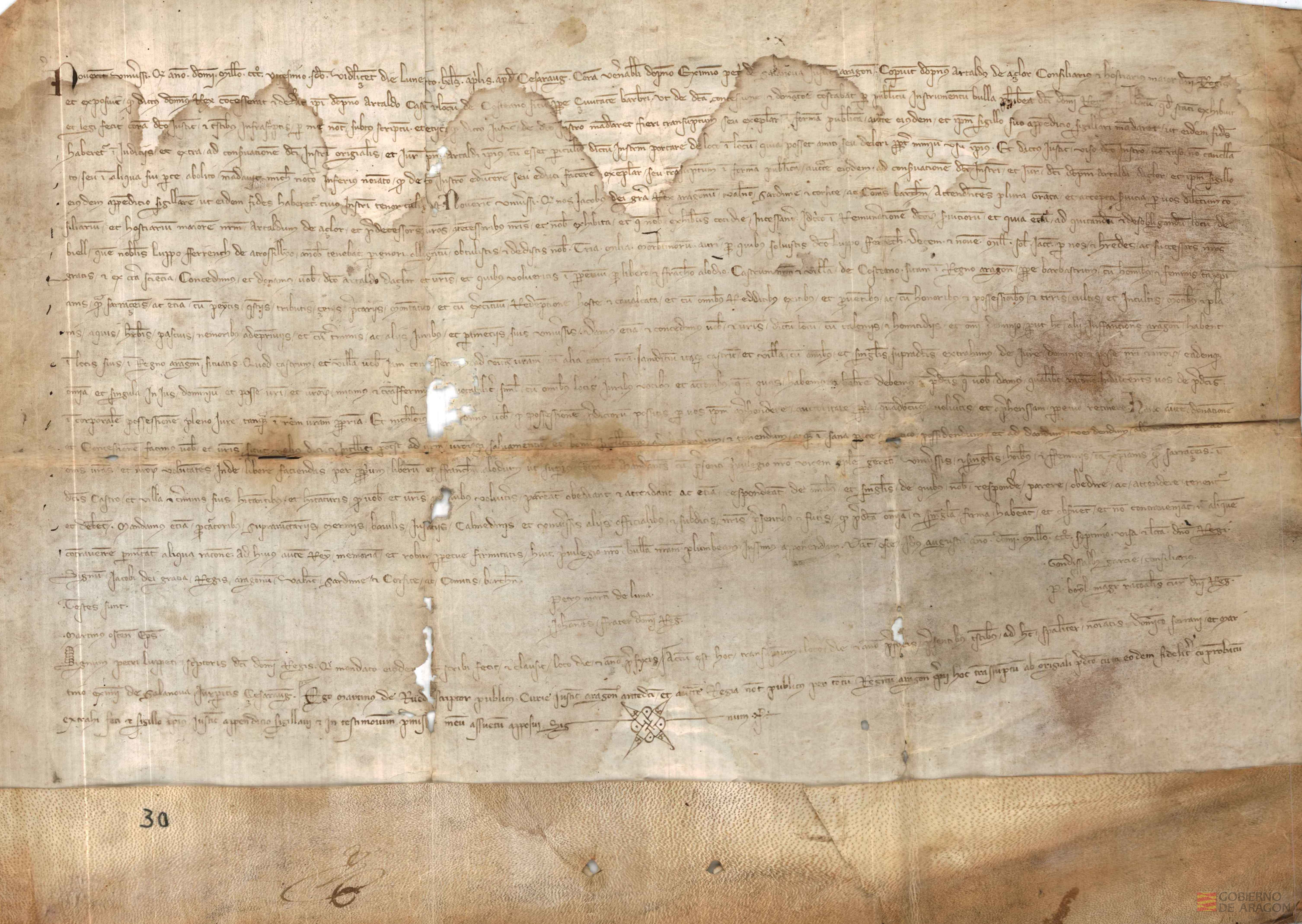 Trasunto ante el justicia de Aragón, Don Jimeno Pérez de Sariñena, del privilegio de Jaime II, concediendo a Don Artal de Azlor el castillo y villa de Costeán, junto a Barbastro,dado en Huesca a 13 de agosto de 1307