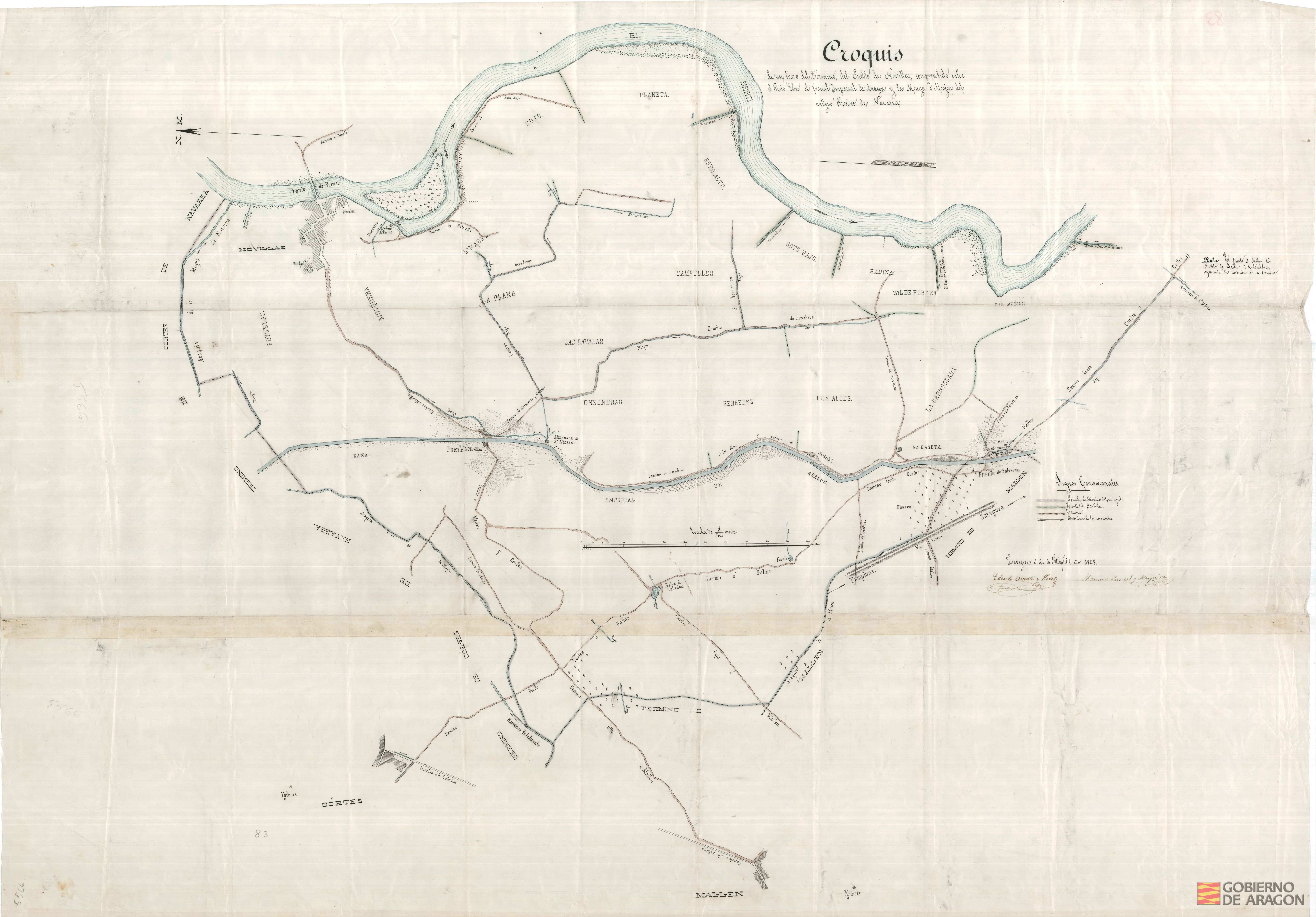 Croquis de un trozo del término del pueblo de Novillas, comprendido entre el río Ebro, el Canal Imperial de Aragón y la muga o mojón del antiguo Reino de Navarra. Firmado por Eduardo Vicente y Pérez y Mariano Puncel y Marquina. Novillas (Zaragoza)